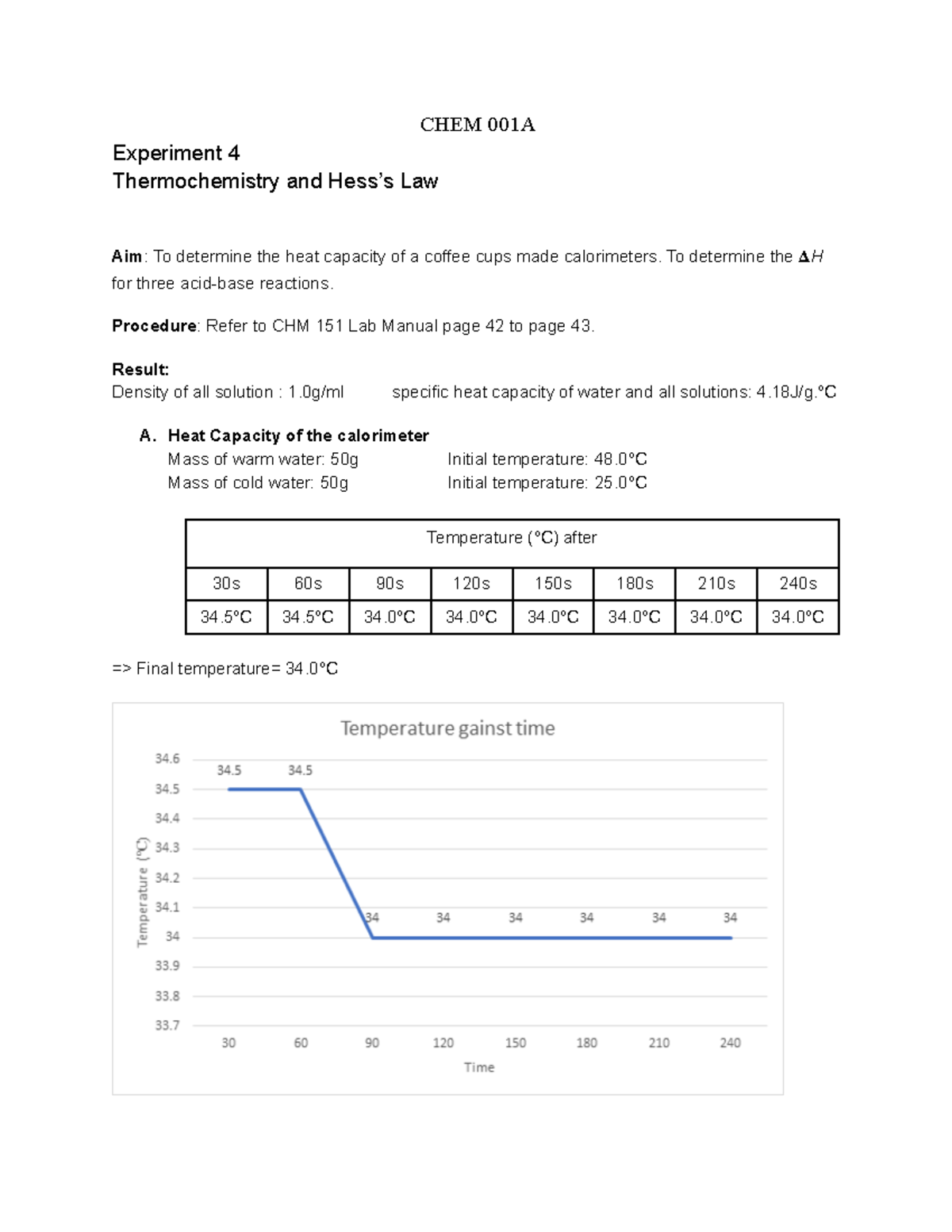 CHM 151 Experiment 4 - Thermochemistry Lab Report on Hess’s Law - Studocu