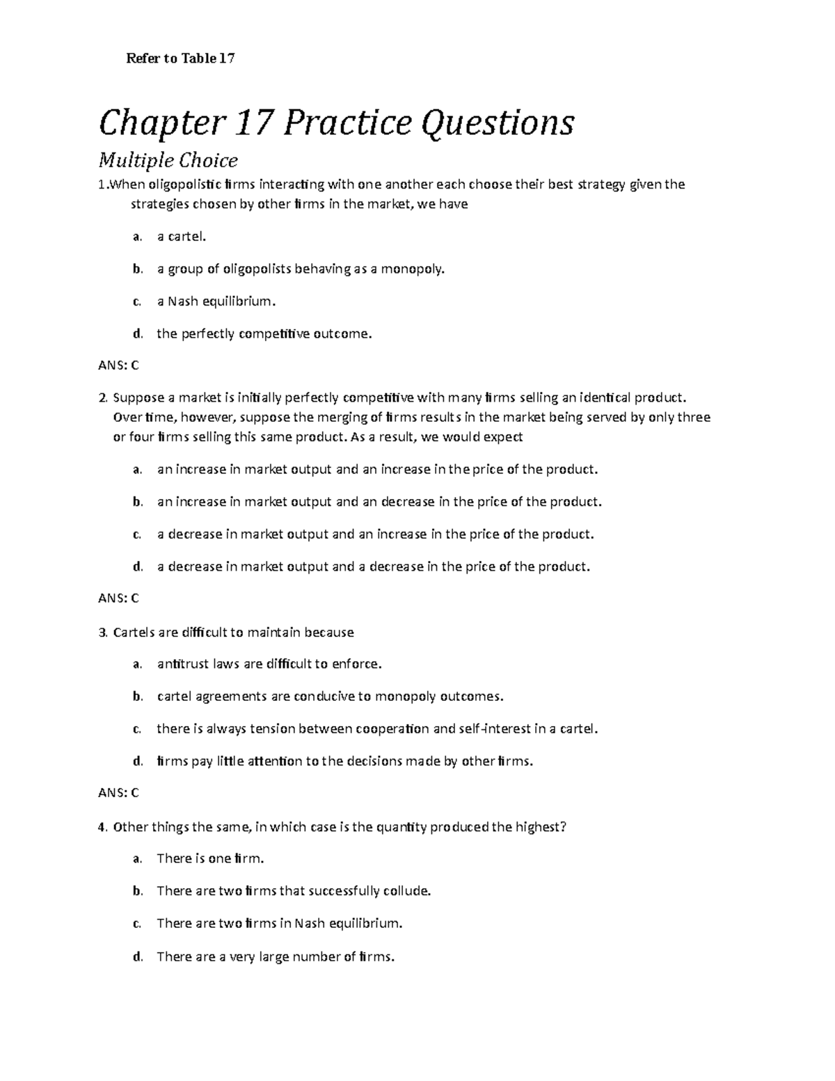 Chapter 17 Microeconomics Practice Questions and Answers - Studocu