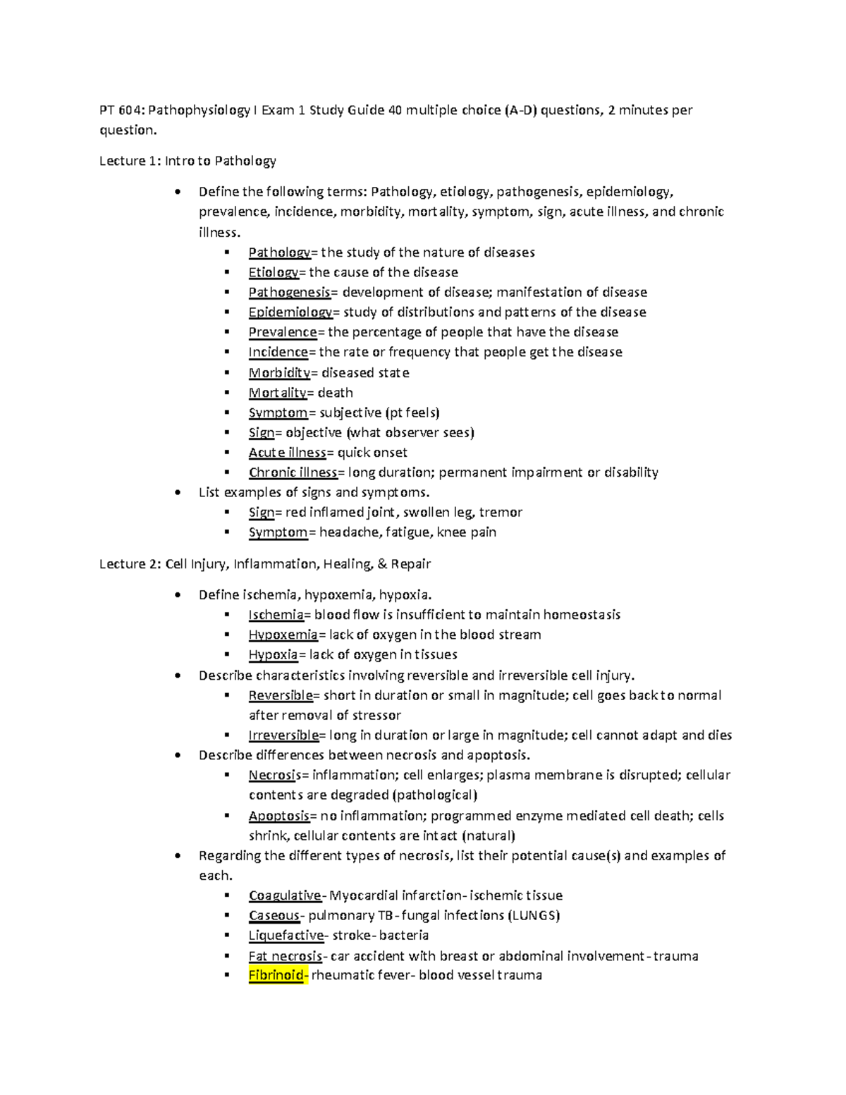 PT 604 Pathophysiology I Final Exam Study Guide Overview - Studocu
