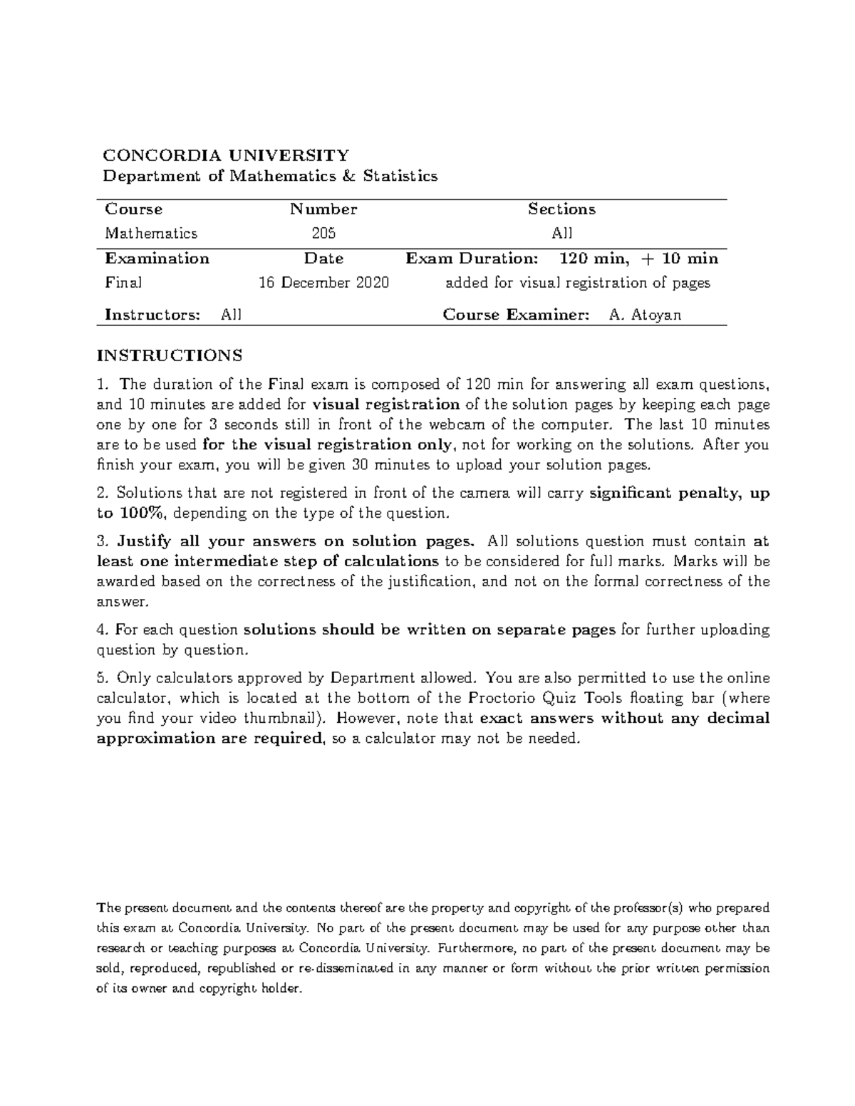 Math 205 - Final Exam Guidelines & Questions - Fall 2020 - Studocu