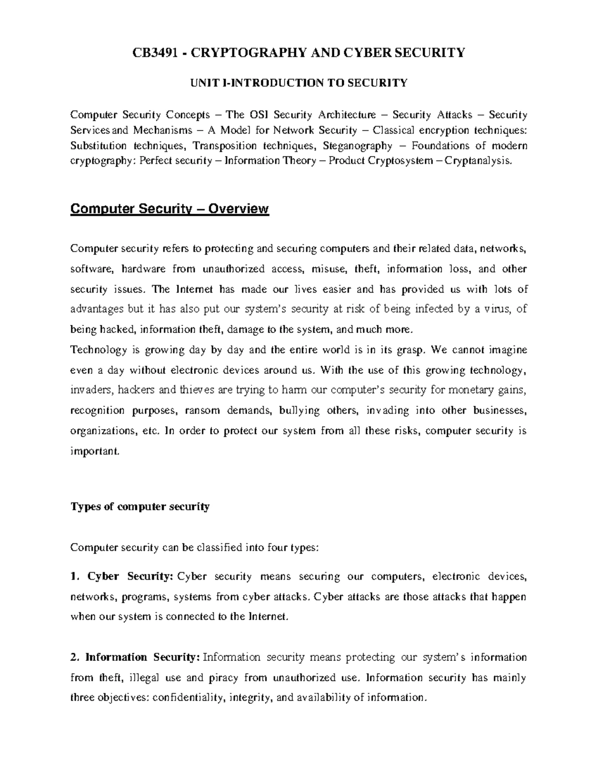 CB3491 - Unit 1 Summary: Cryptography & Cyber Security Overview - Studocu