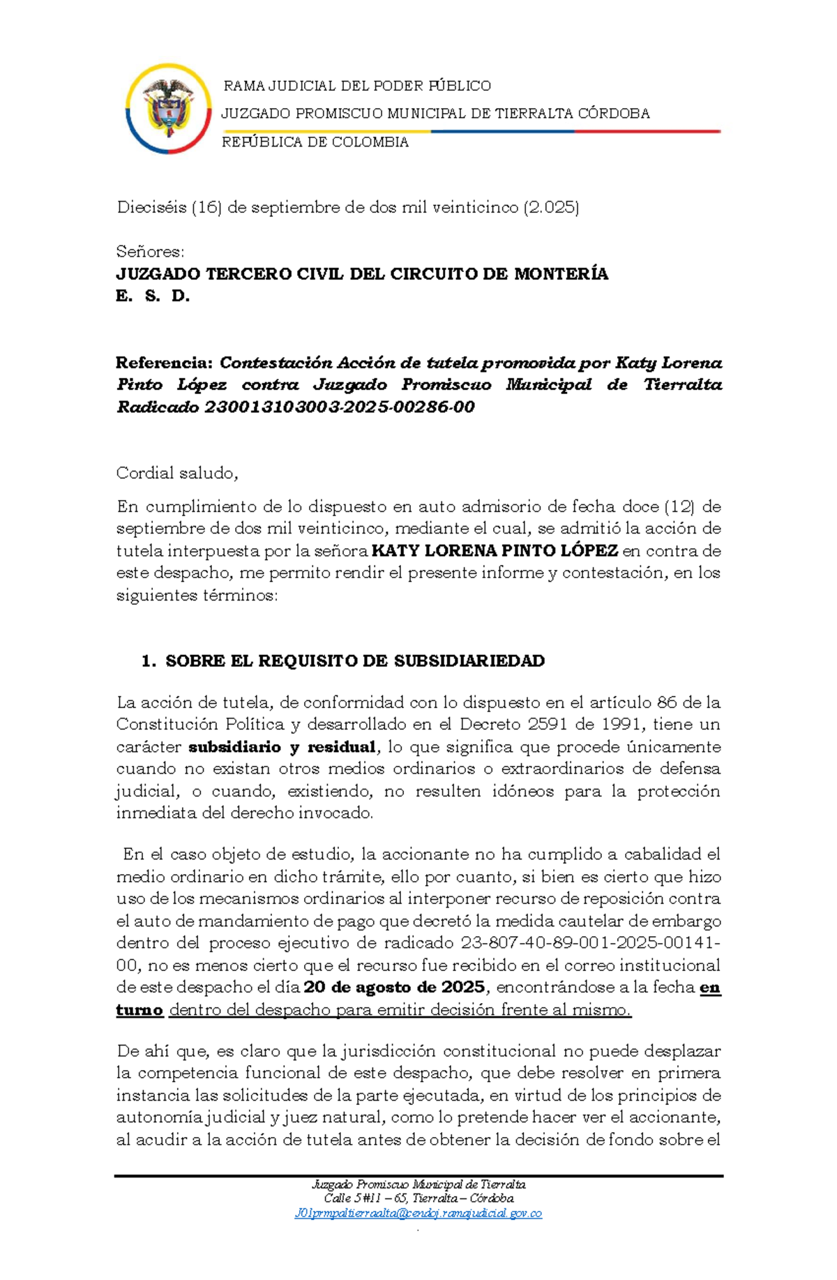 Contestación de Tutela - KATY LORENA PINTO LÓPEZ - Juzgado Promiscuo ...