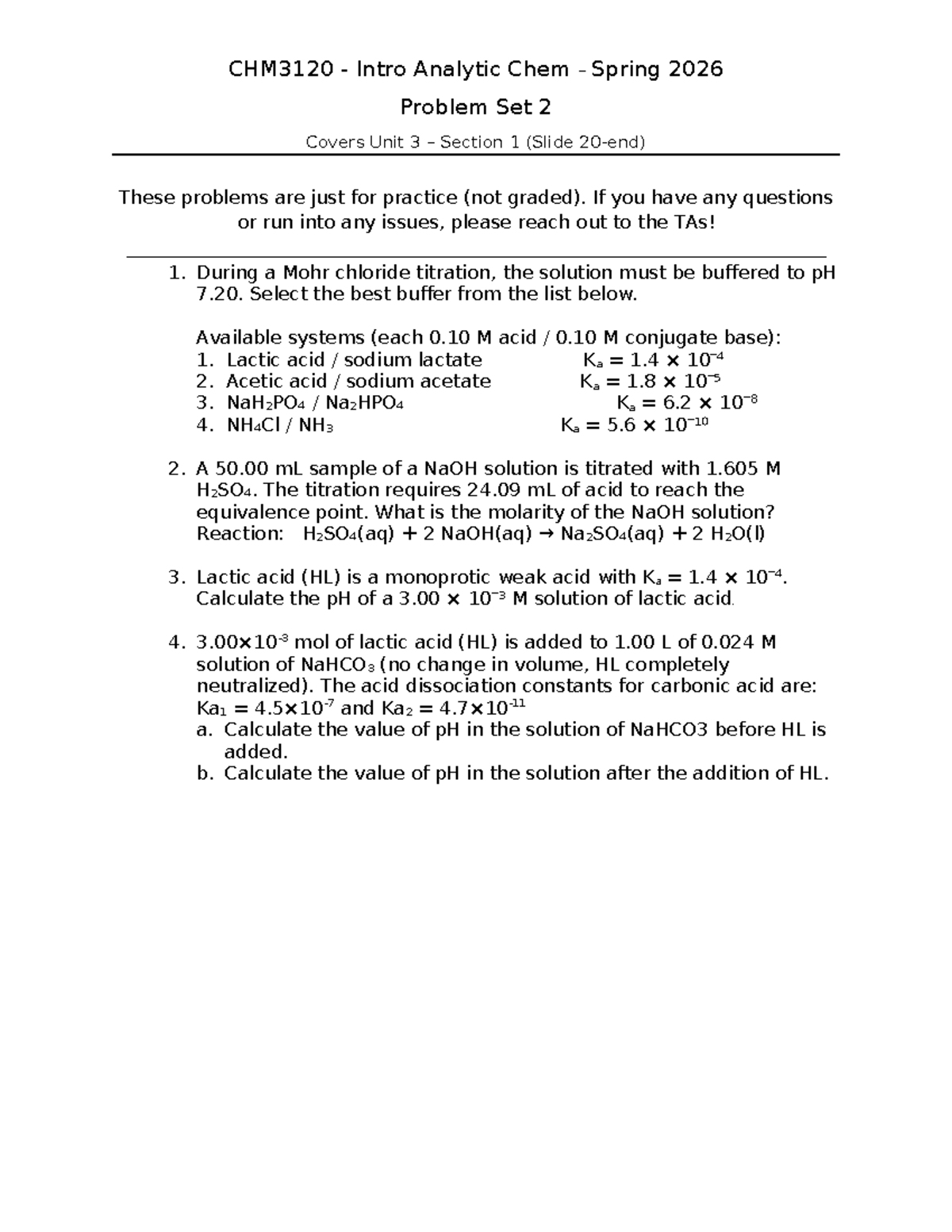 CHM3120 Intro to Analytic Chem Spring 2026 Problem Set 2 - Studocu