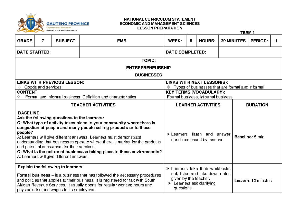 Week 8 EMS Lesson Plan: Understanding Formal & Informal Businesses ...