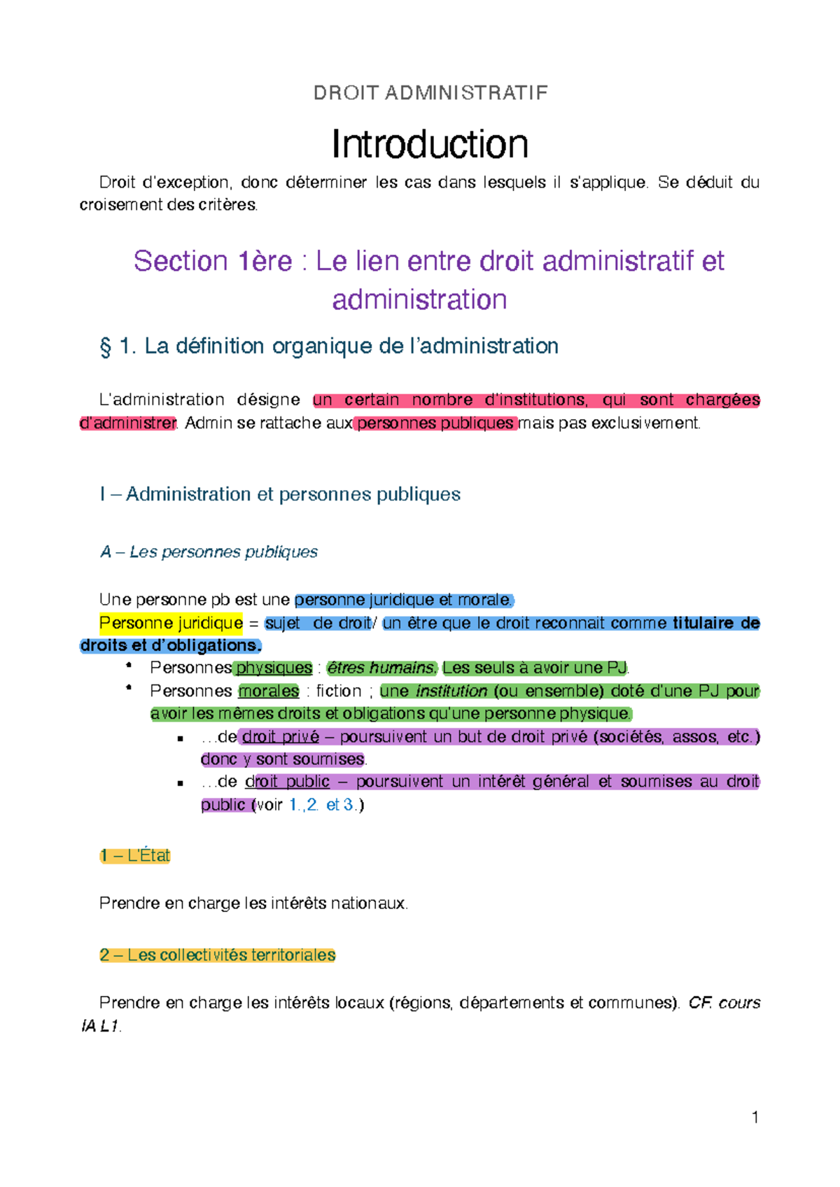 Droit Administratif 1 : Introduction et Concepts Fondamentaux - Studocu