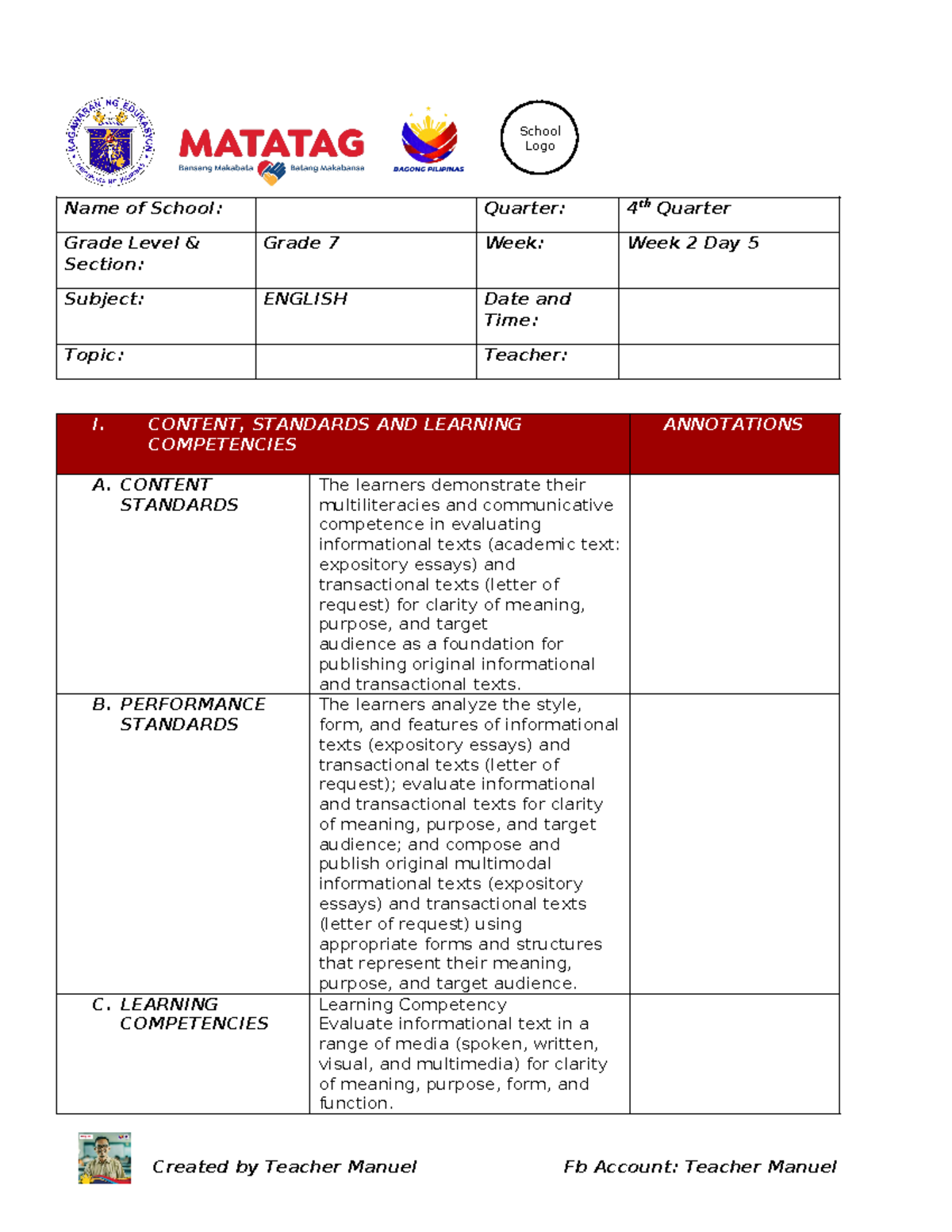 English 7 Q4-W2-D5 - essay writing - Name of School: Quarter: 4 th ...