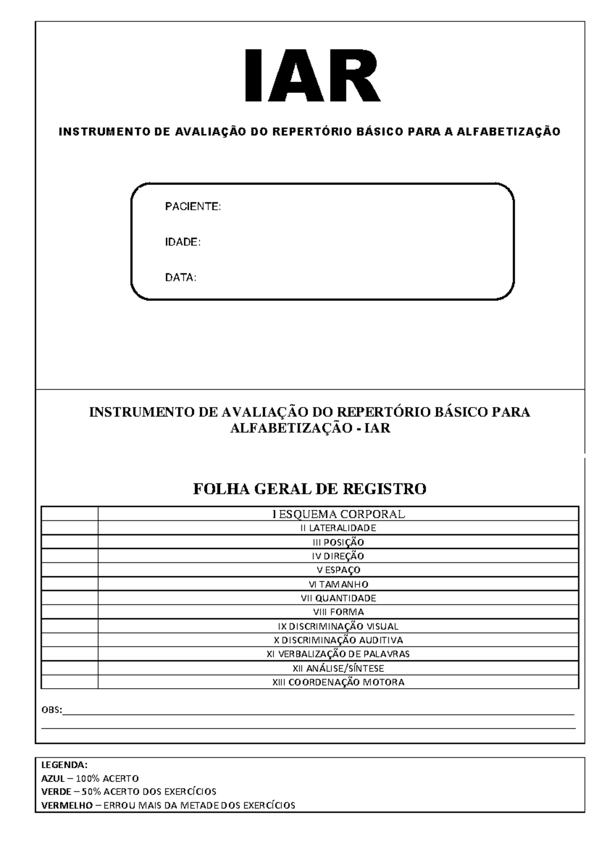 IAR - Instrumento de Avaliação do Repertório Básico para Alfabetização ...