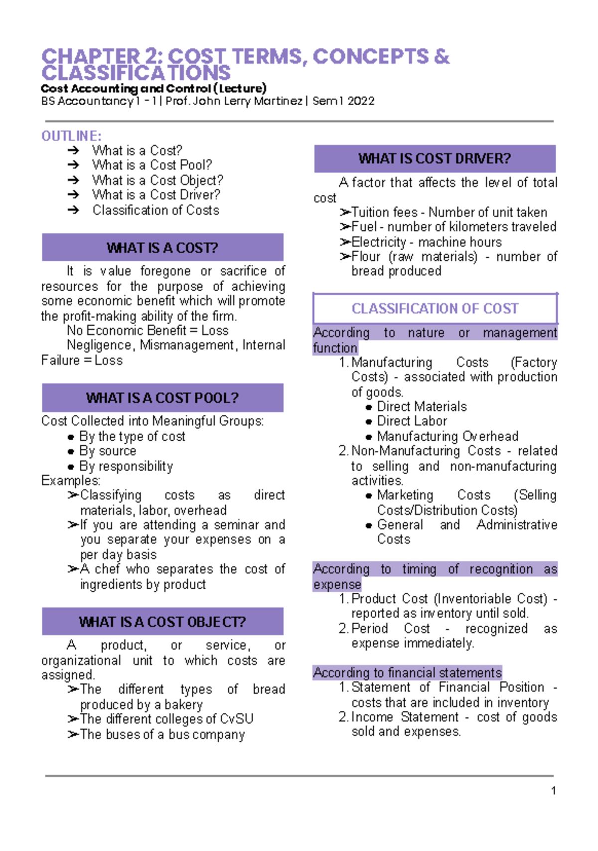 ACTG 22A CH2: Cost Terms, Concepts & Classifications Lecture Notes ...
