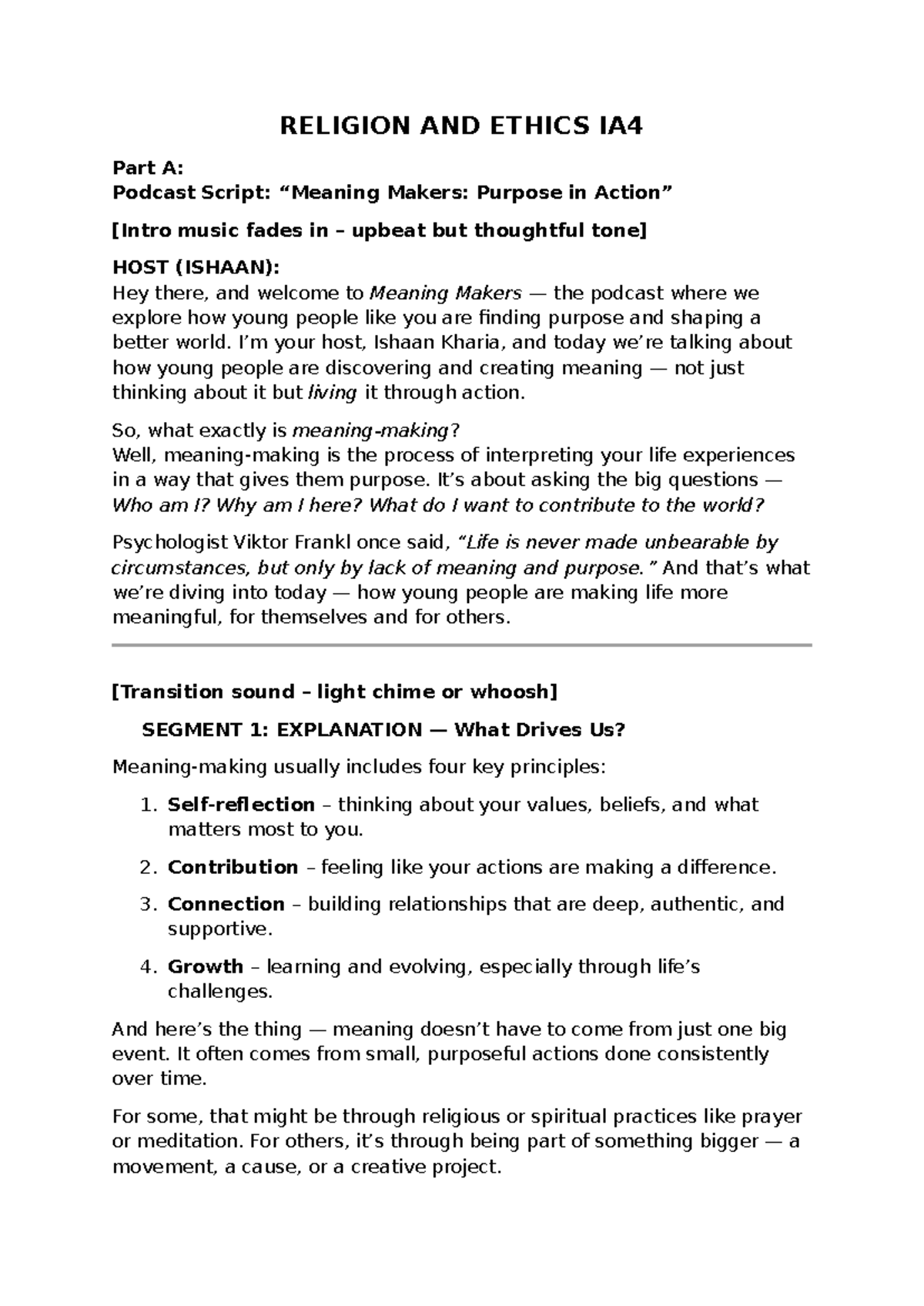Religion & Ethics IA4: Podcast Script on Youth & Meaning Making - Studocu
