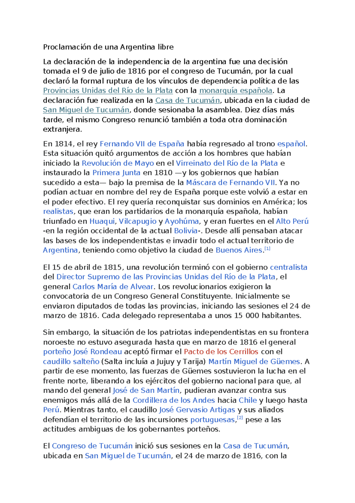 Proclamación de la Independencia Argentina - 9 de Julio de 1816 - Studocu