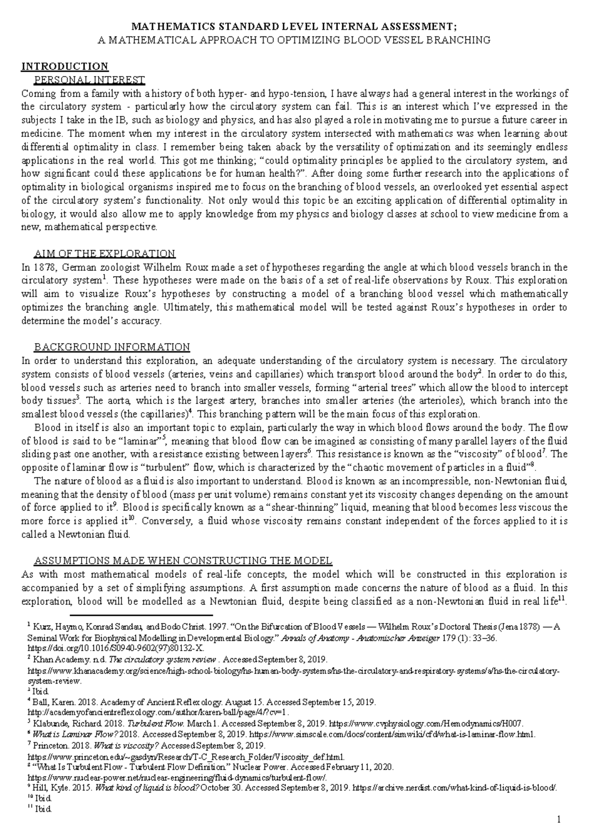 Mathematics SL Internal Assessment: Optimizing Blood Vessel Branching ...