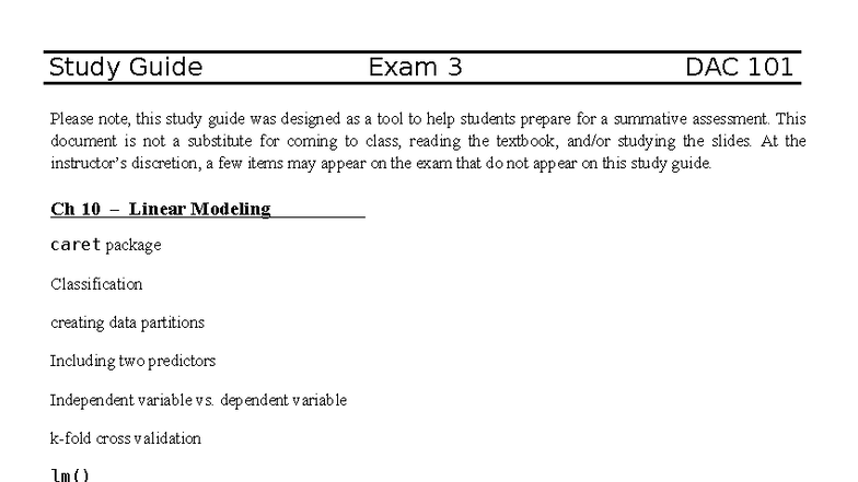 DAC 101 Exam 3 Study Guide: Linear Models, SVMs & Text Mining - Studocu