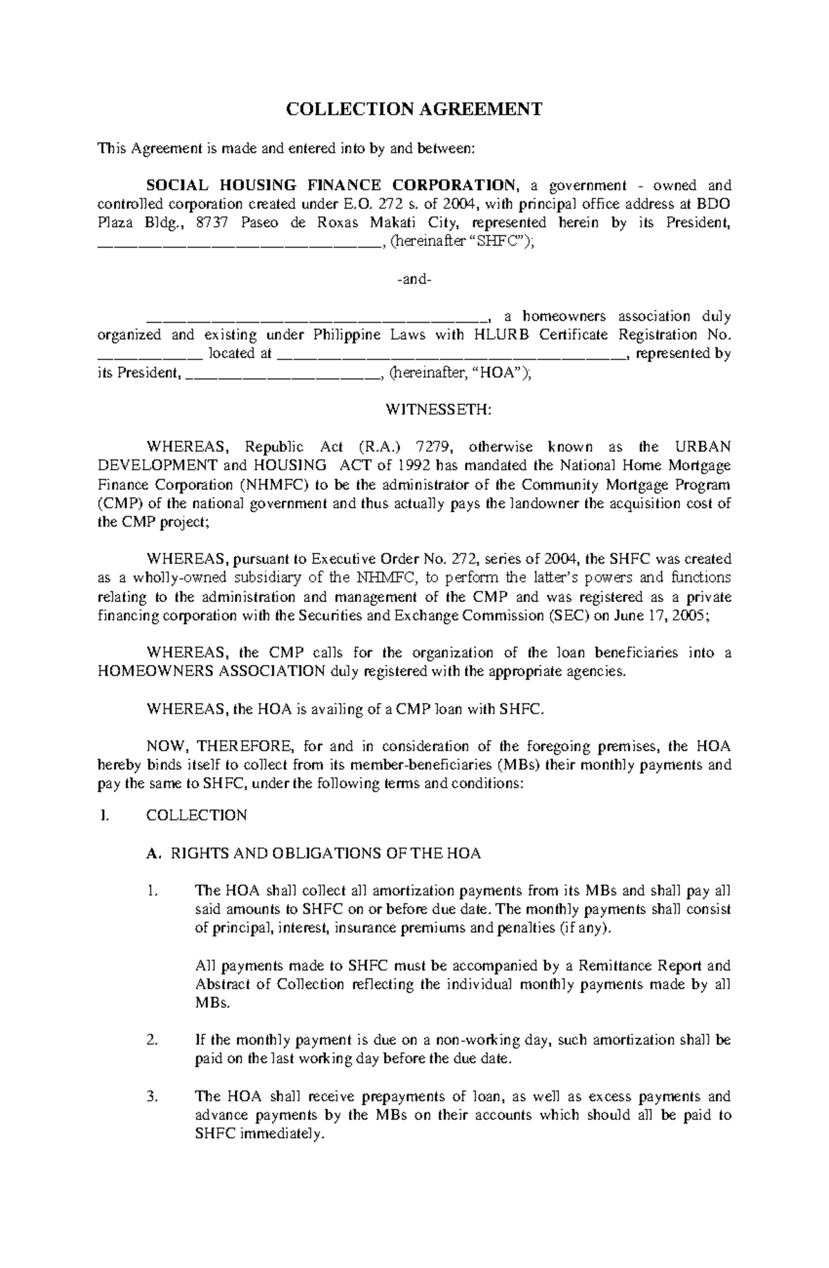 HOA & SHFC Collection Agreement: Terms & Responsibilities Outline - Studocu