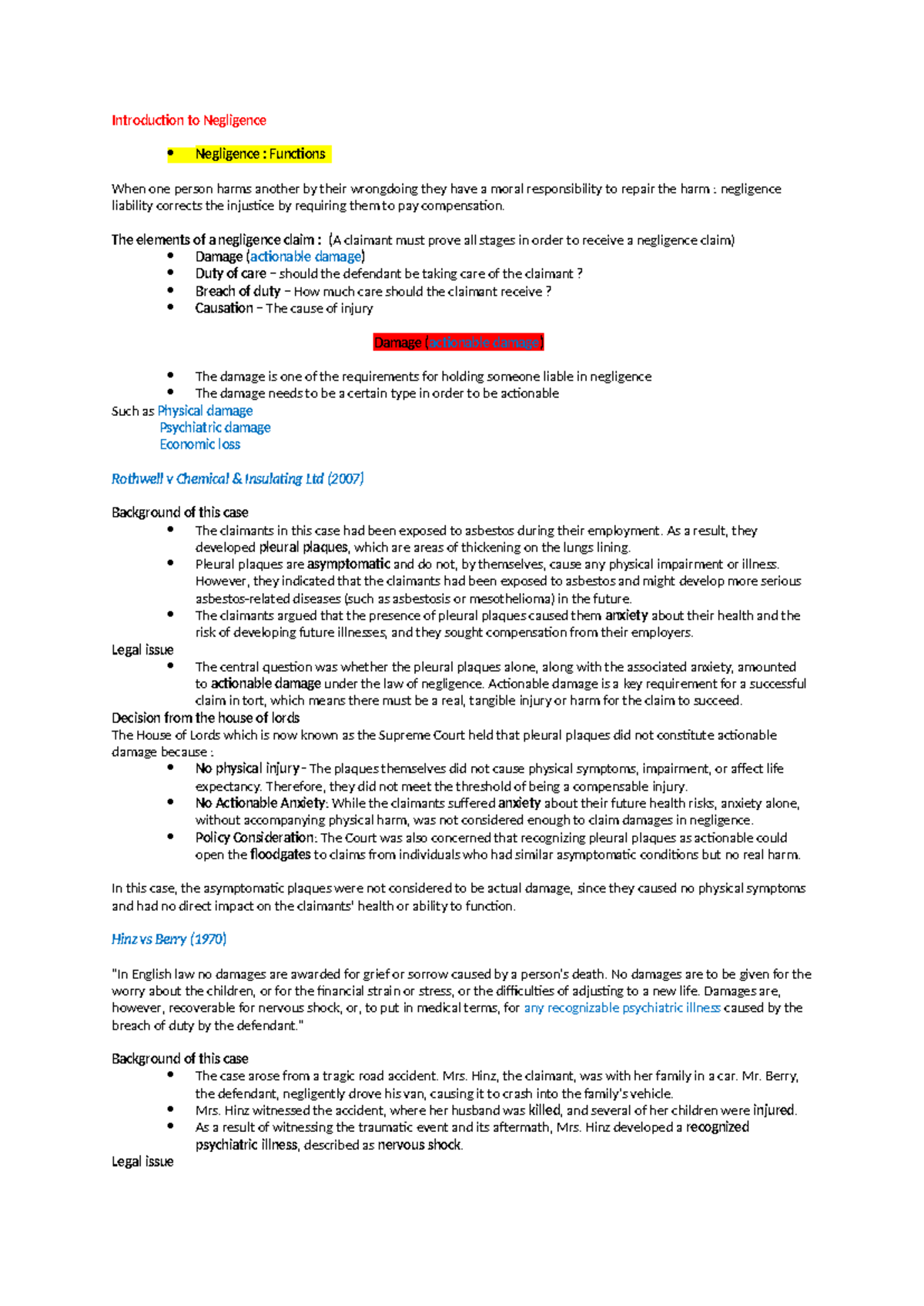 Tort Law Exam Notes: Understanding Negligence and Key Cases (LAW 101 ...