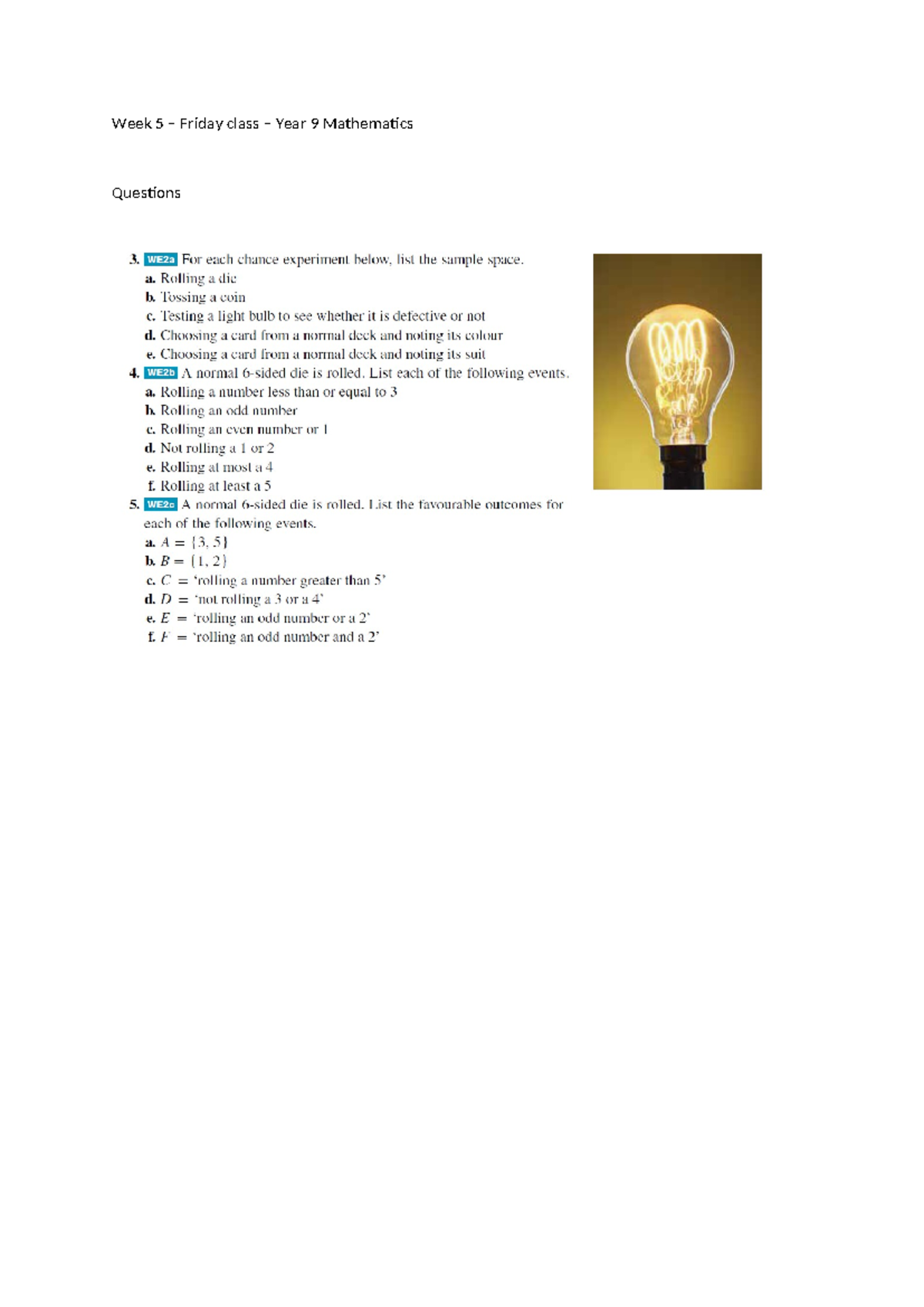 Probability Questions - Week 5 Friday class Year 9 Mathematics ...