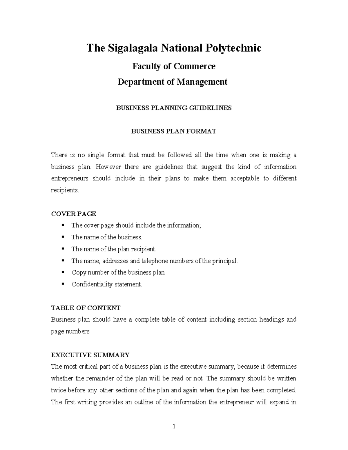 BUSINESS PLAN FORMAT GUIDELINES - BCOM 101 - Studocu