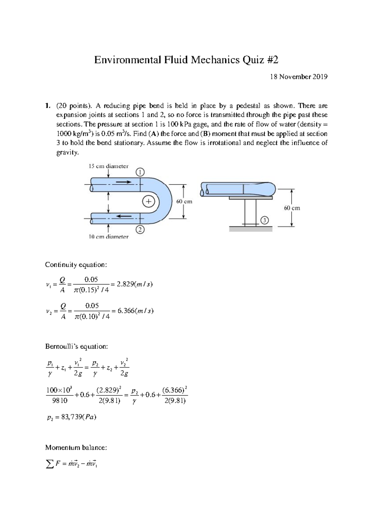 Environmental Fluid Mechanics Quiz #2 Solutions and Analysis - Studocu