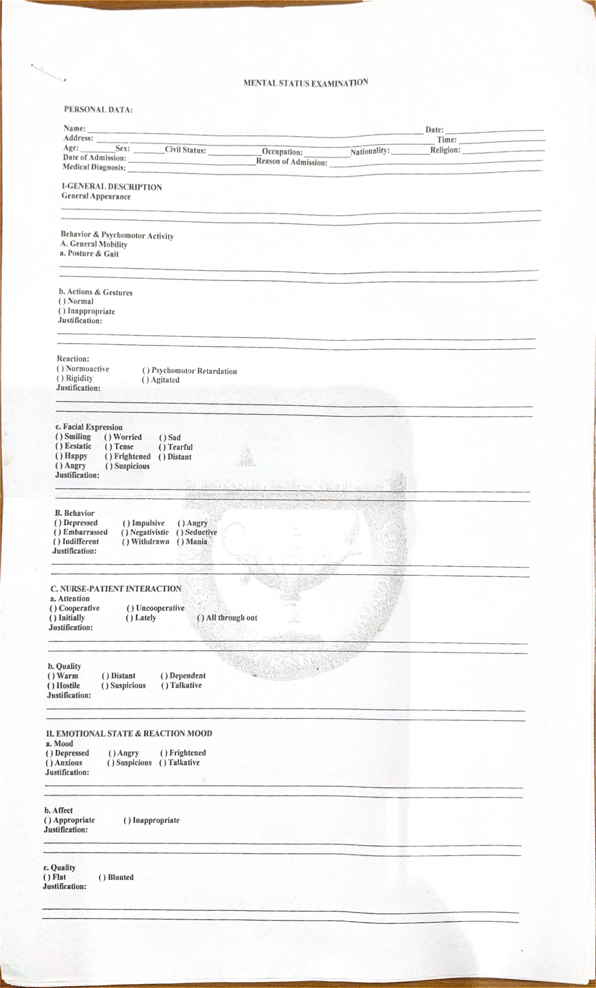 MSR - Mental Status Examination Overview and Personal Data - Studocu
