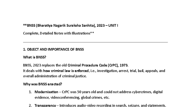 BNSS 2023 Unit I: Comprehensive Notes on Criminal Law Reforms - Studocu