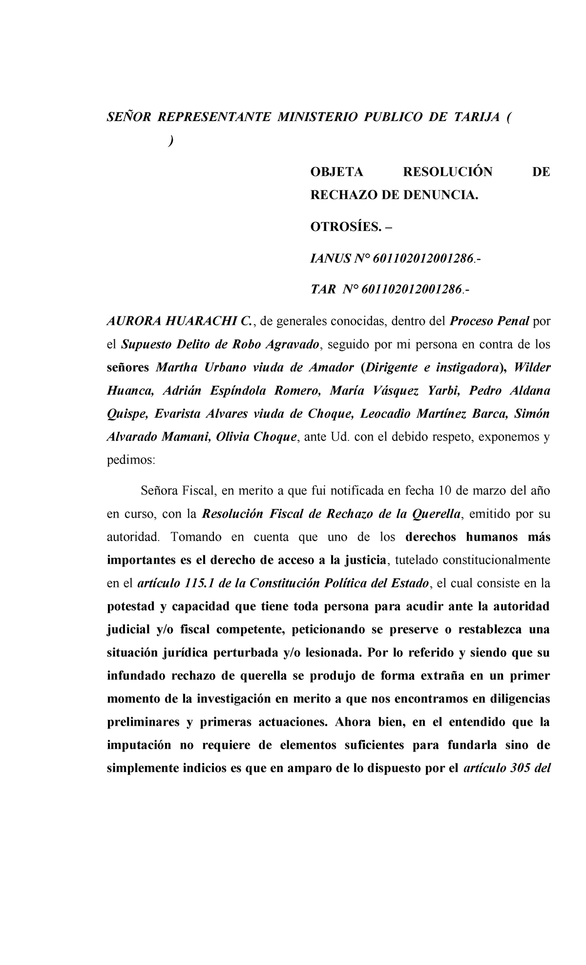 Objeción a la Resolución de Rechazo de Denuncia - IANUS 601102012001286 ...