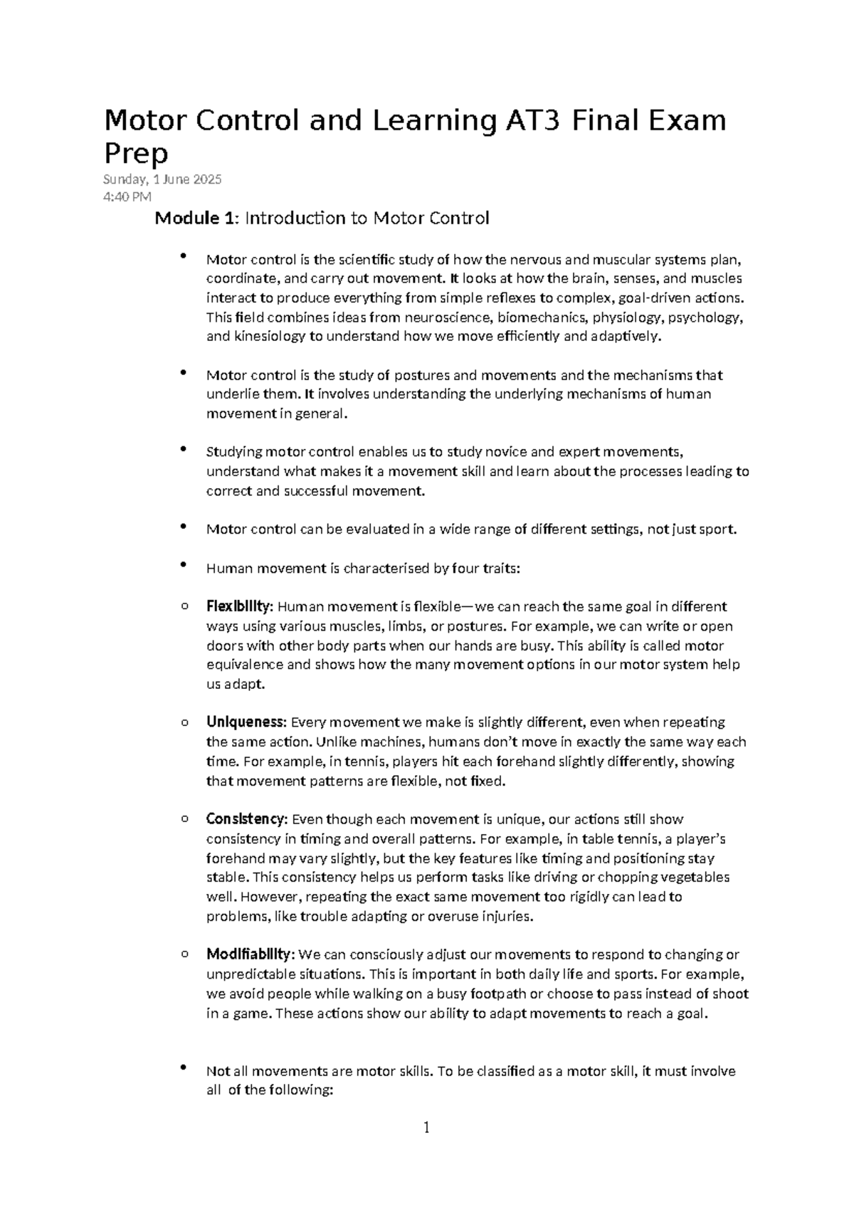 Motor Control and Learning AT3 Final Exam Prep: Modules 1-4 Overview ...