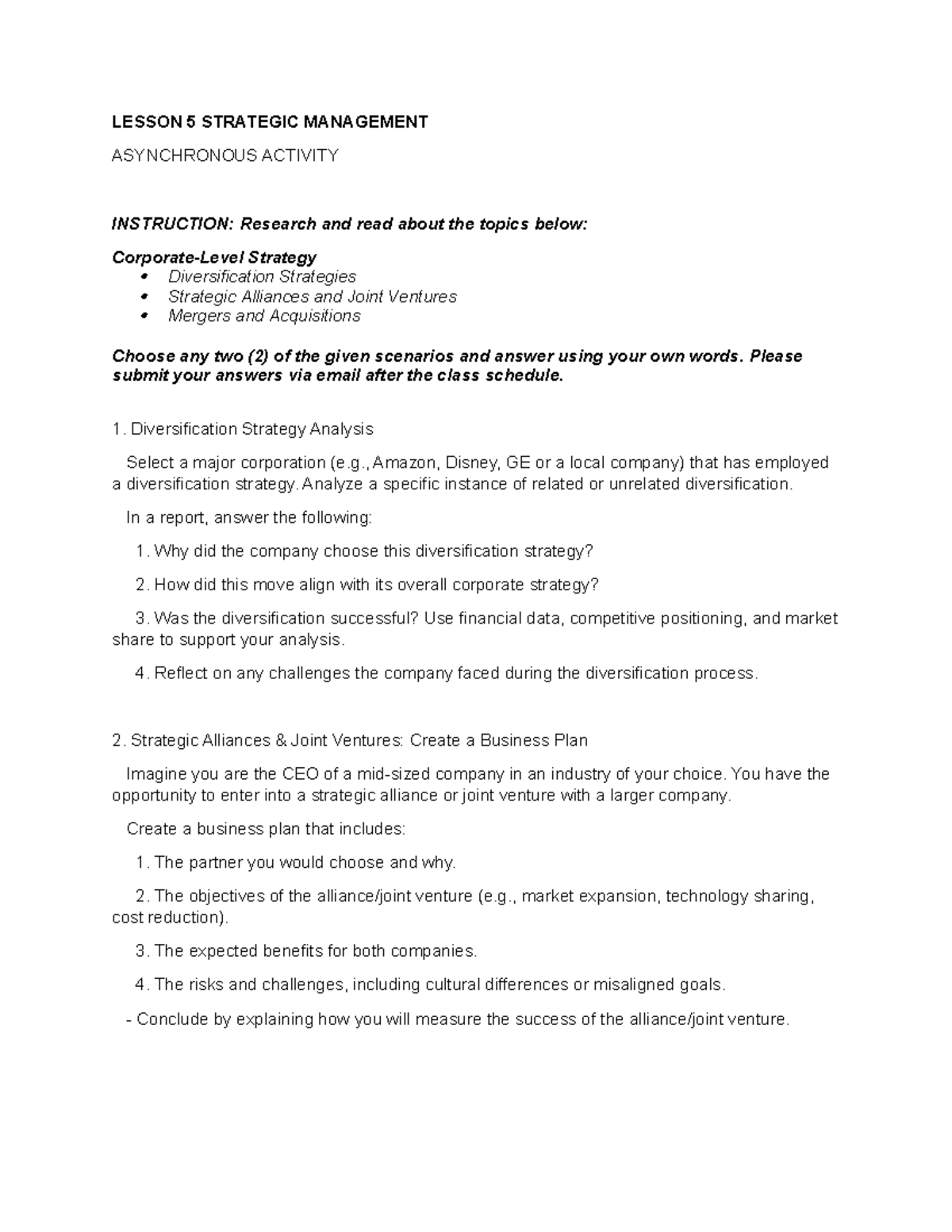 Lesson 5: Strategic Management Asynchronous Activity Overview and ...