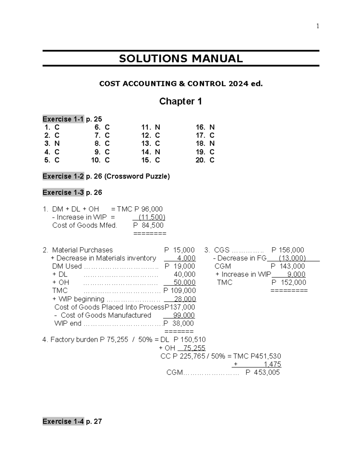 C1 Answer Key - Ans keys of book excercises only - SOLUTIONS MANUAL ...
