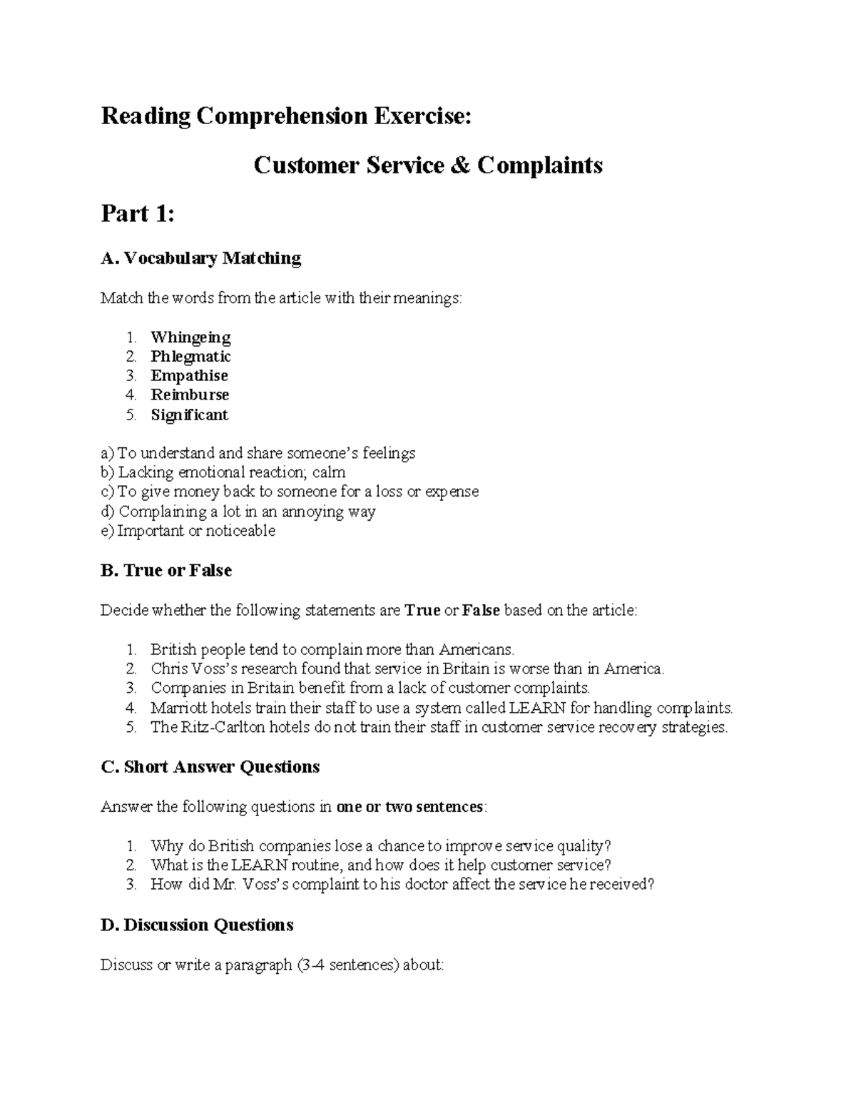 Customer Service Complaints Exercise: Vocabulary & Comprehension (Unit ...
