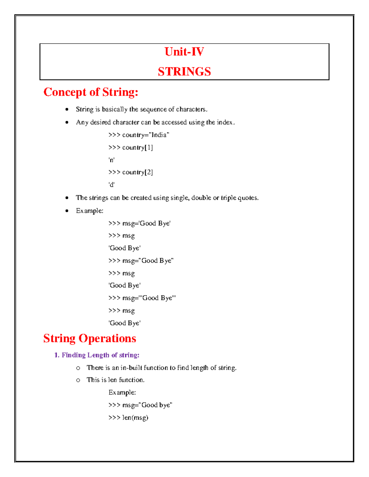 Unit-IV: Python Strings Concepts, Operations & Methods (627247) - Studocu