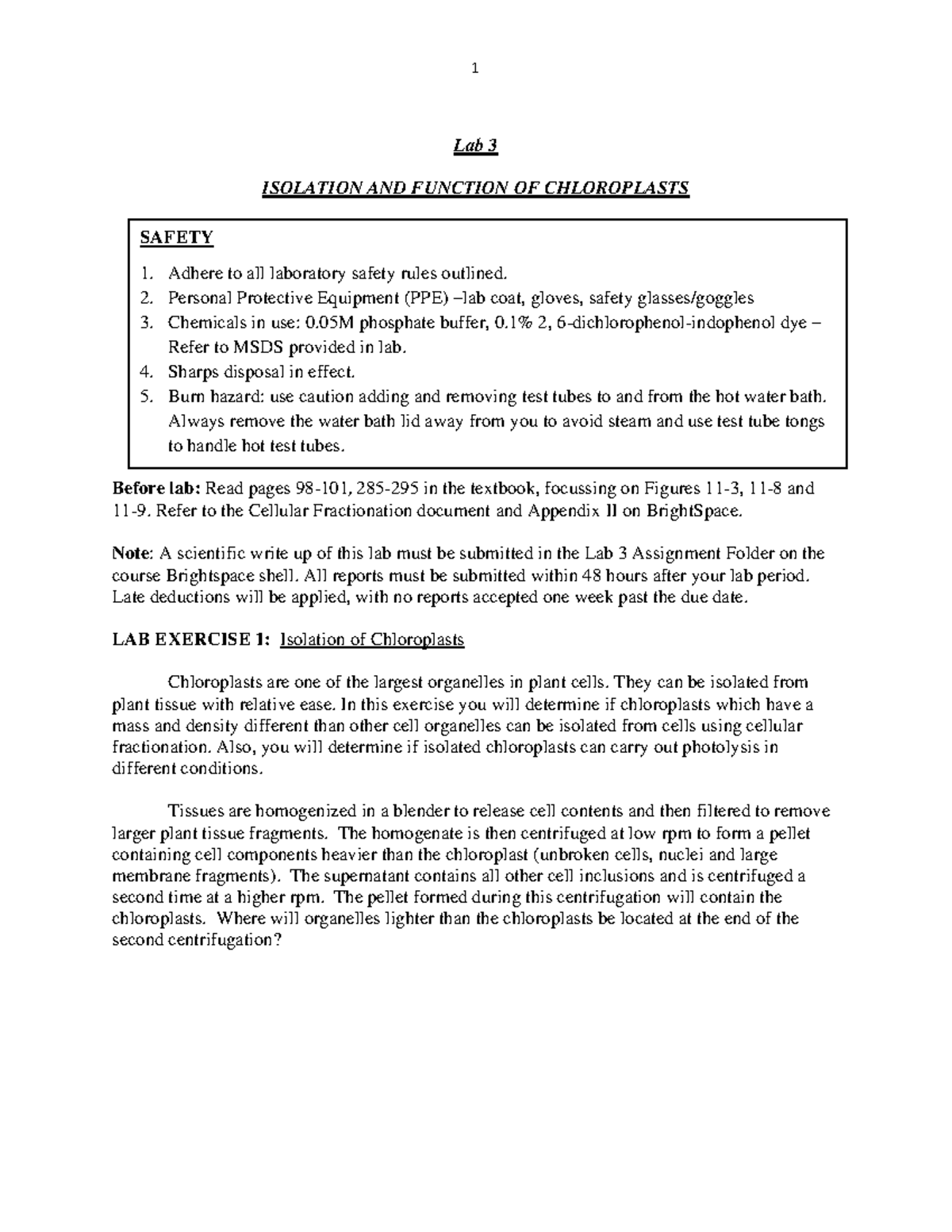 Lab 3: Isolation and Function of Chloroplasts - Safety and Procedures ...