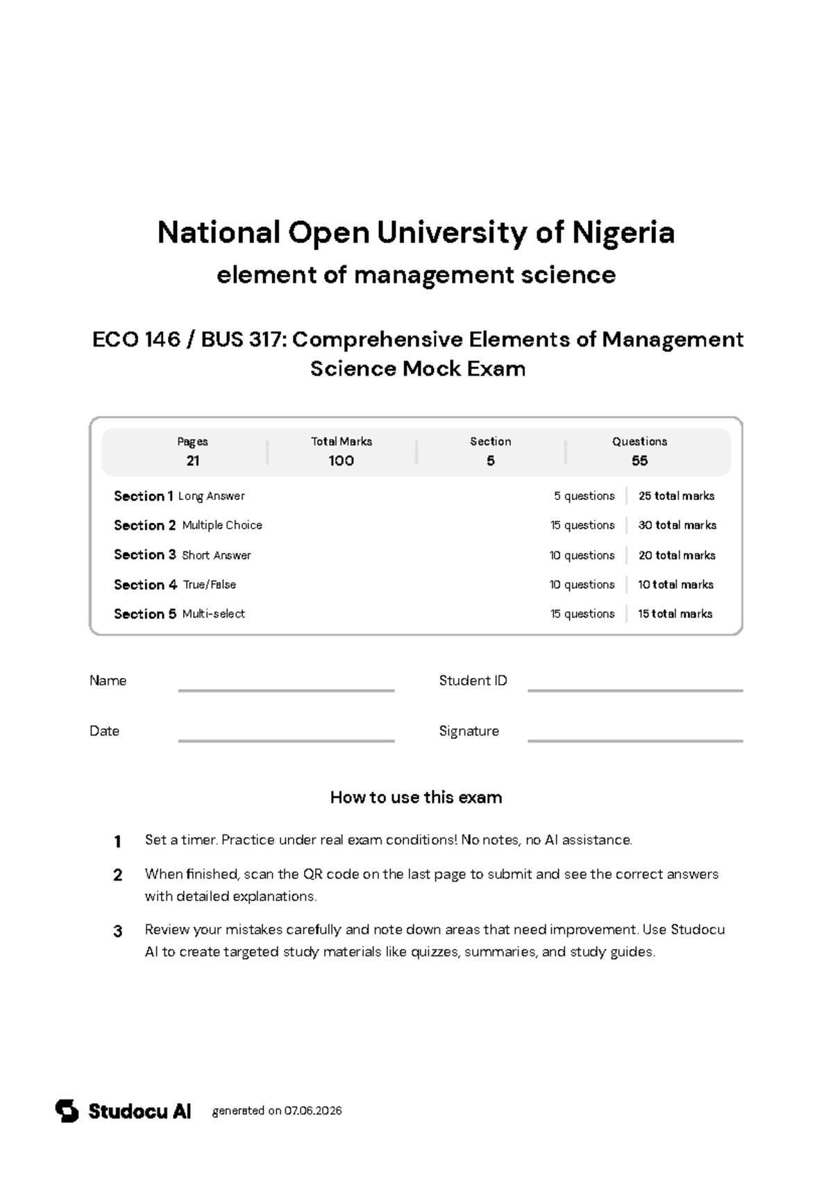 ECO 146 / BUS 317: Management Science Mock Exam - Studocu