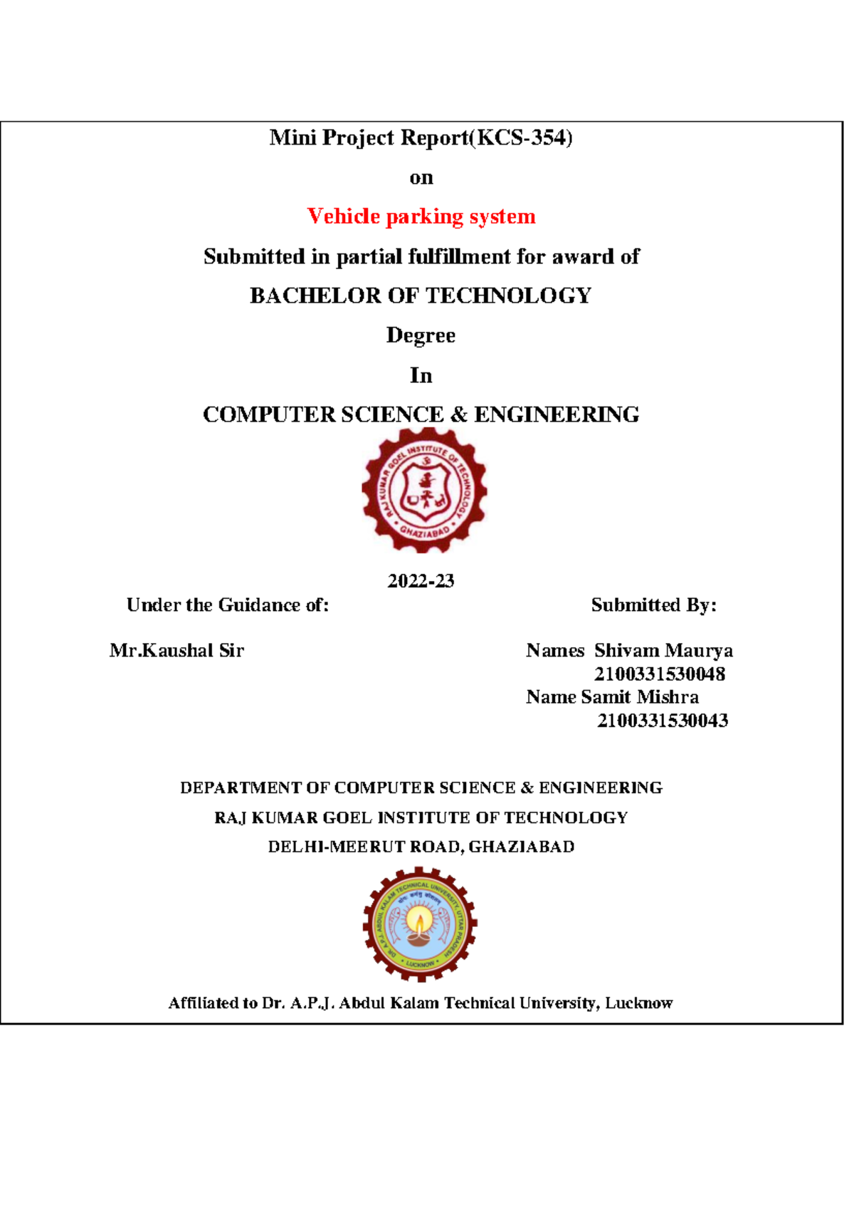 Final Report on Vehicle Parking System (KCS-354) Mini Project - Studocu
