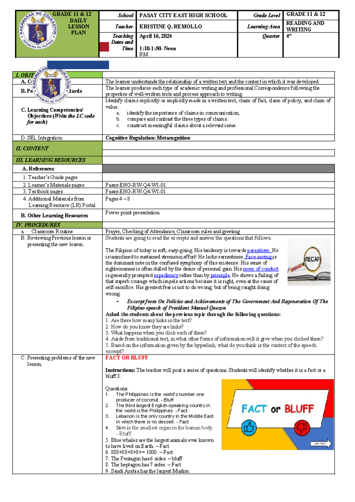 Q4-DLP- Reading and Writing Lesson Plan - CO3 - Grade 11 and 12 - Studocu