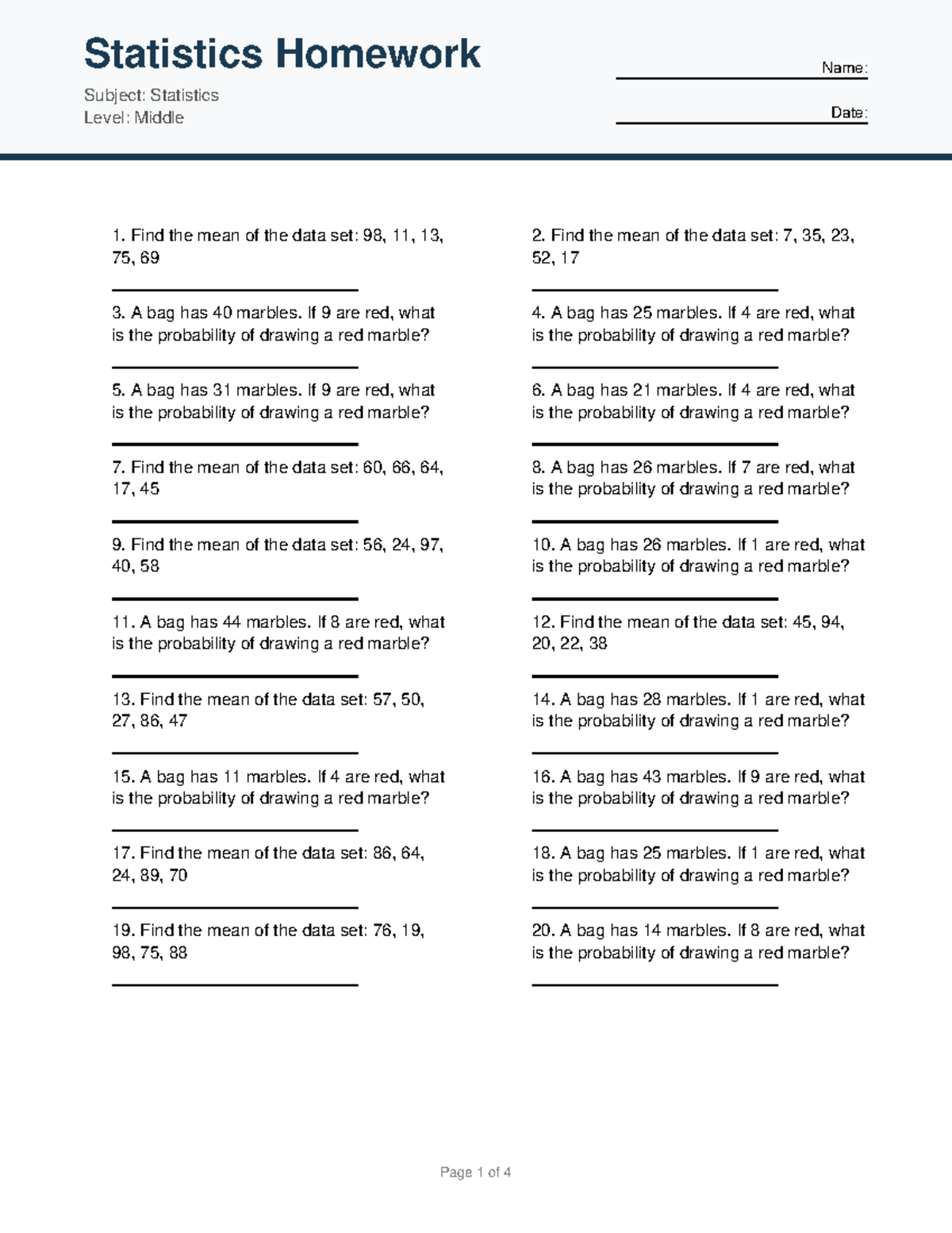 Statistics Homework 3: Mean & Probability Problems - Studocu