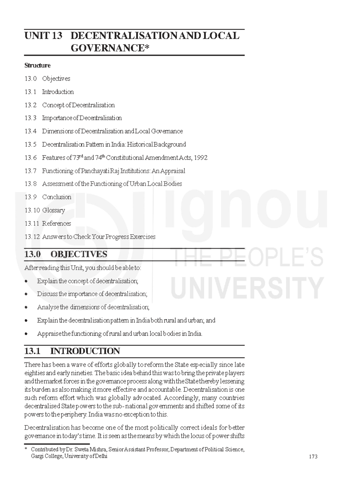 Democratic Decentralisation & Local Governance-13 - 173 UNIT 13 ...