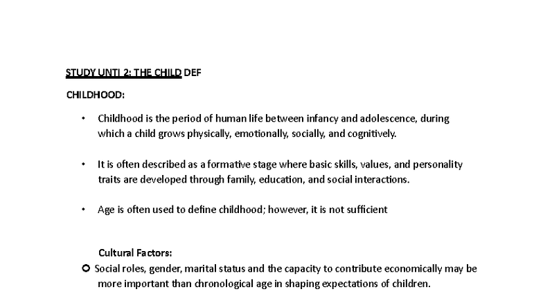 mwt 220 exam notes - STUDY UNTI 2: THE CHILD DEF CHILDHOOD: Childhood ...