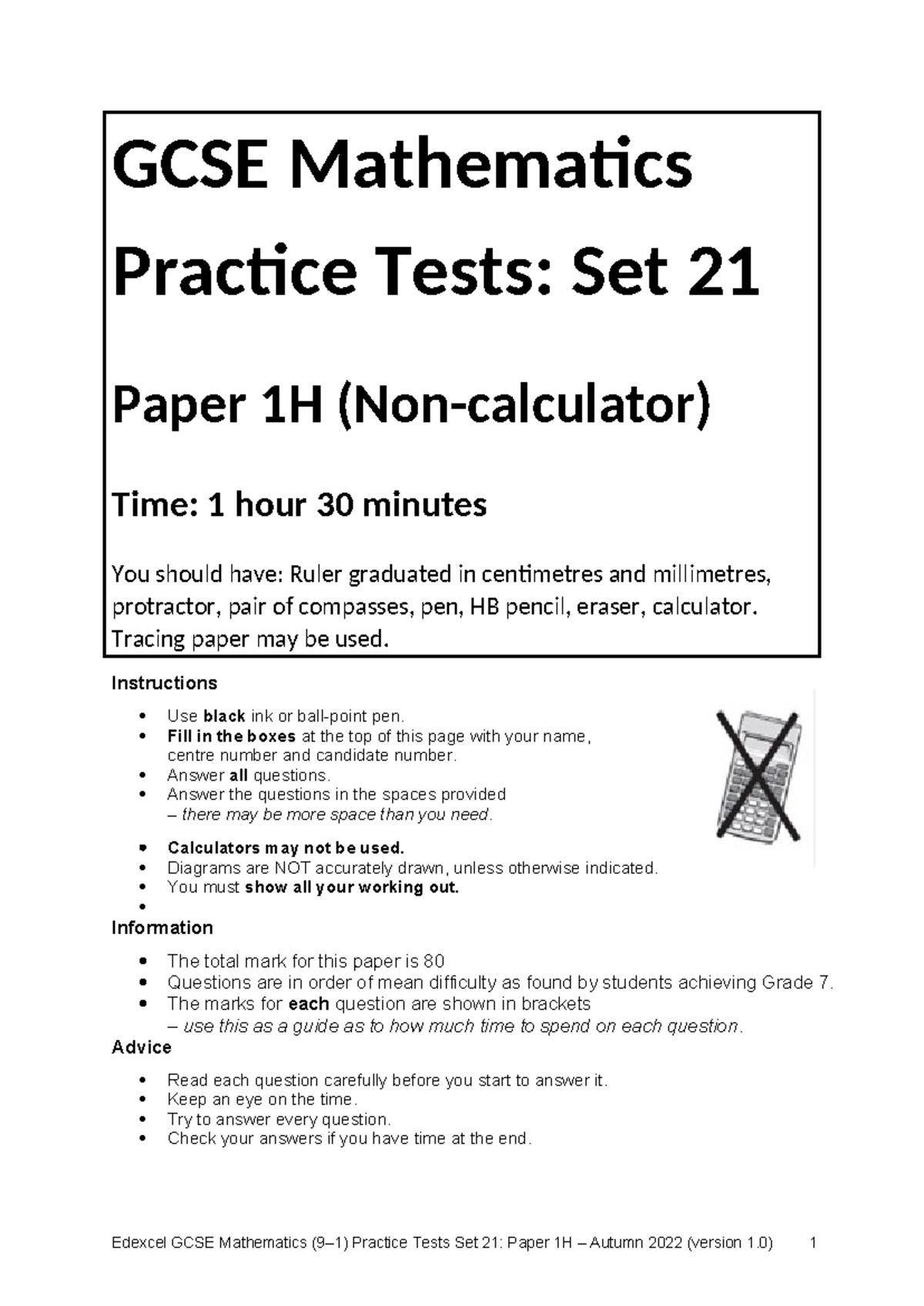 GCSE Maths Practice Test: Set 21 - Paper 1H (Non-Calculator) - Studocu