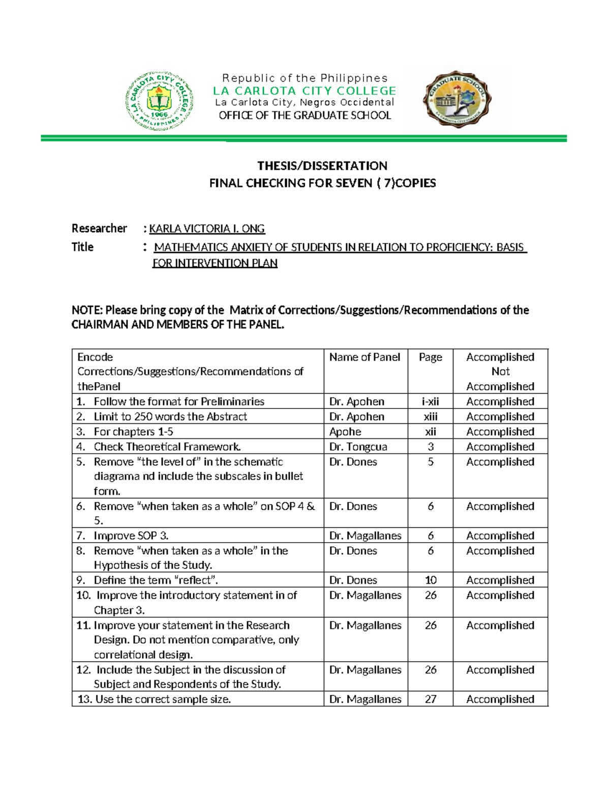 Matrix of correction - Republic of the Philippines LA CARLOTA CITY ...