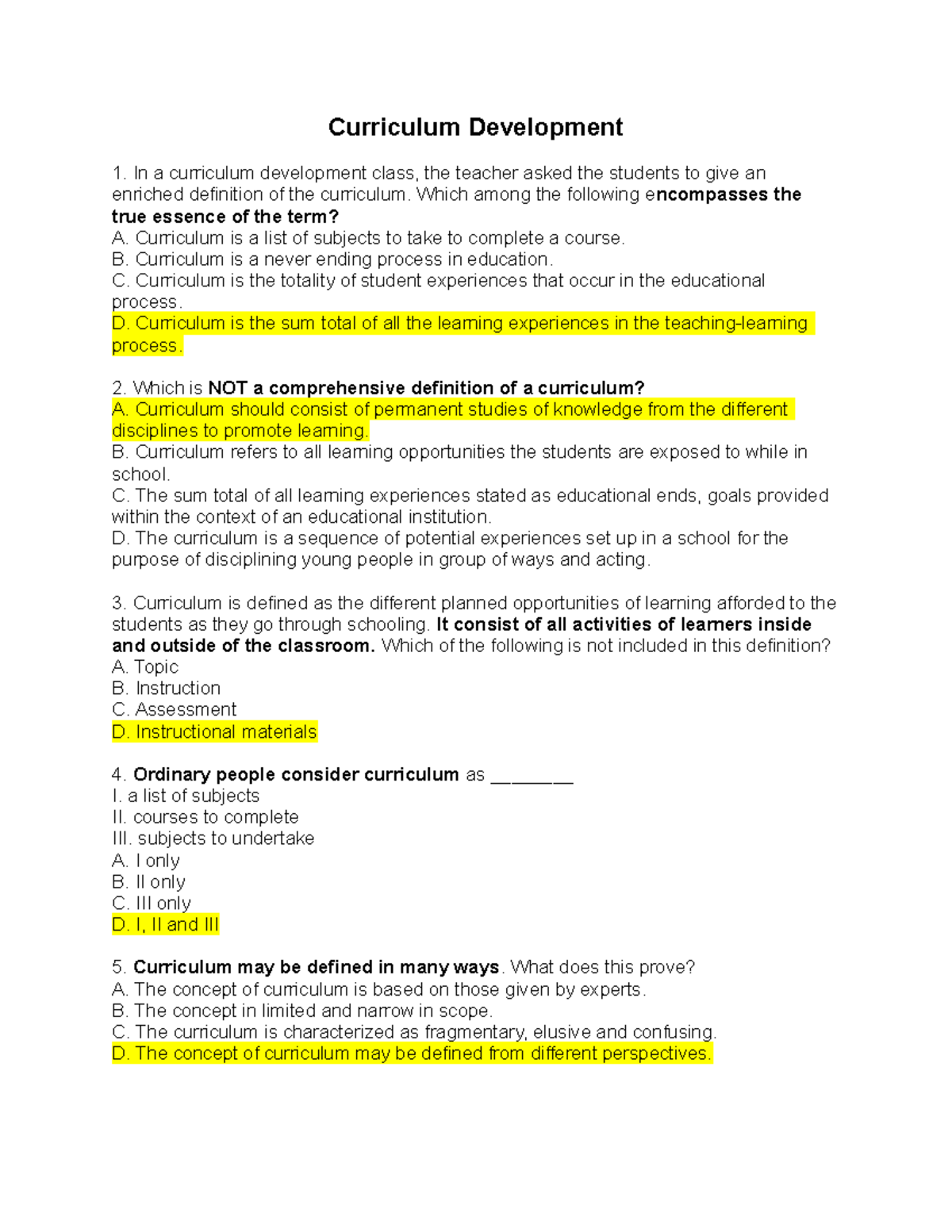 Curriculum Development Insights and Definitions for ED-101 Class - Studocu
