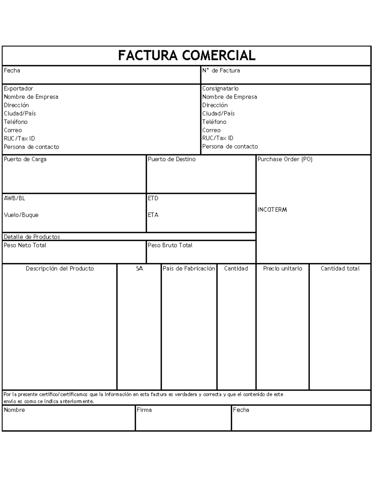 Formato de Factura Comercial y Documentos Aduaneros - Document Preview