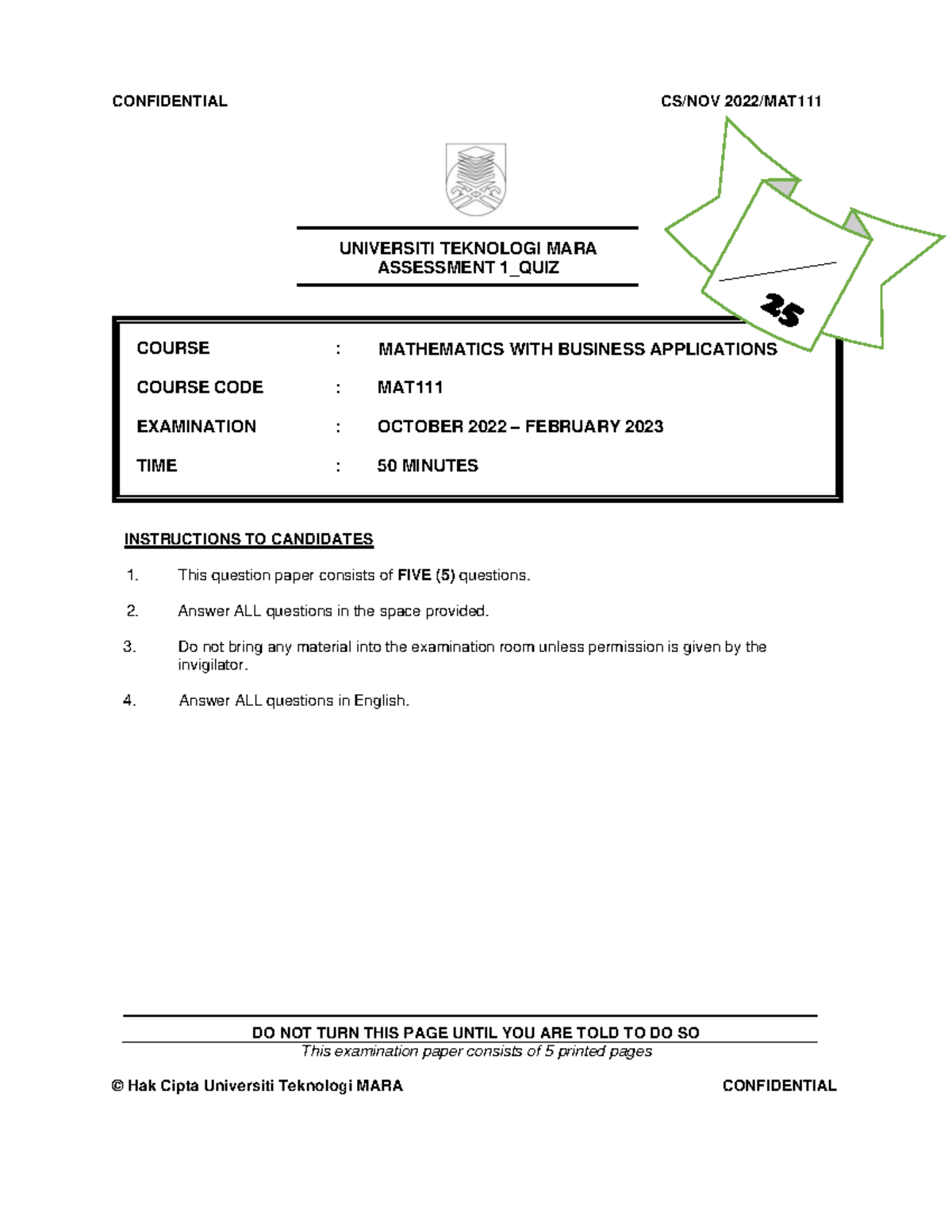 MAT Assessment 1 Quiz - Mathematics with Business Applications - Studocu