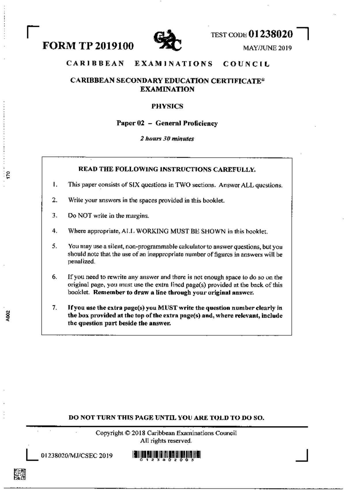 CSEC POB Paper 02 2024 - General Proficiency Exam Instructions - Studocu