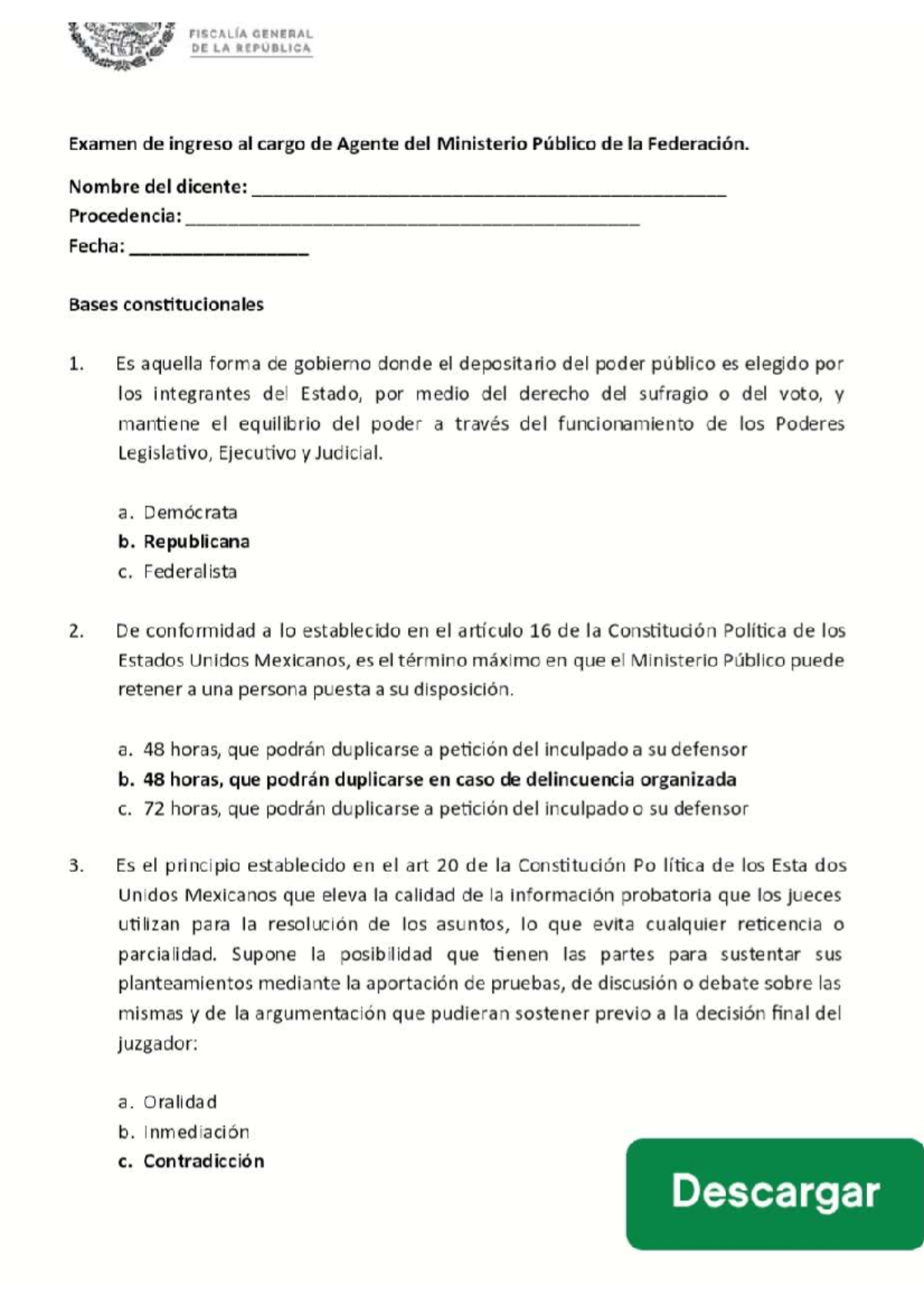 Examen de Ingreso al Cargo de Agente del Ministerio Público (FGR) - Document Preview