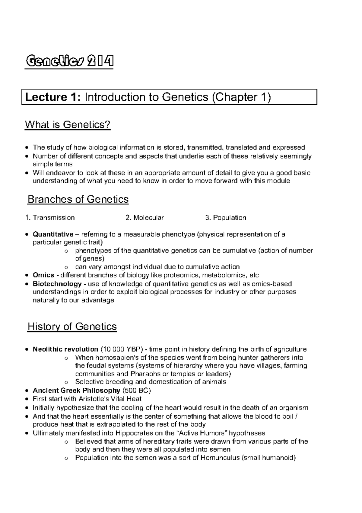 Genetics 214 SU1 - Study Unit 1 Notes - Lecture 1: Introduction to ...
