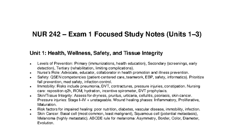 NUR 242 Exam 1 Focused Study Notes: Health, Safety, and Care - Studocu