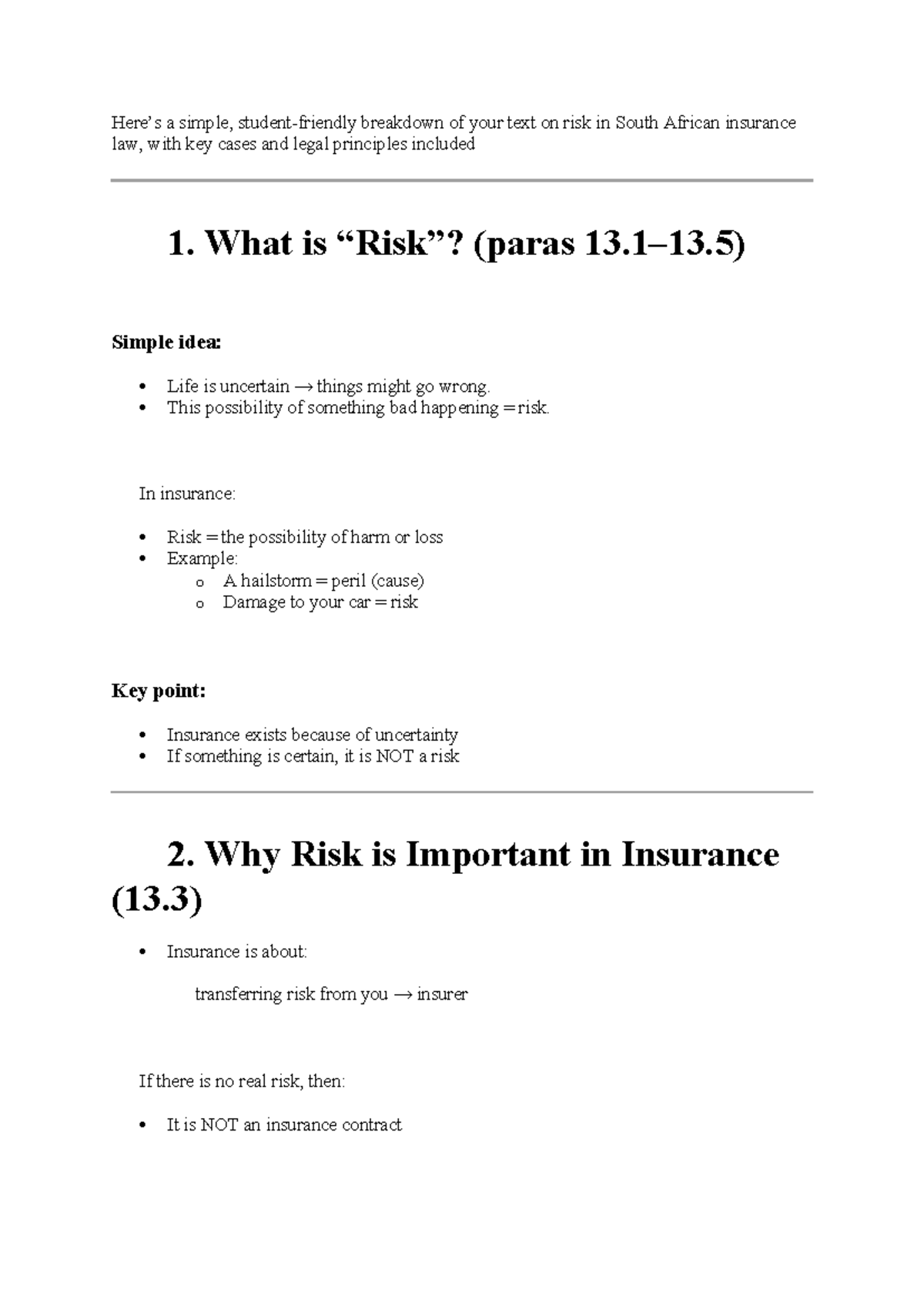 IURA413 SU3 Part 1 - Exam Notes on Risk in South African Insurance Law ...