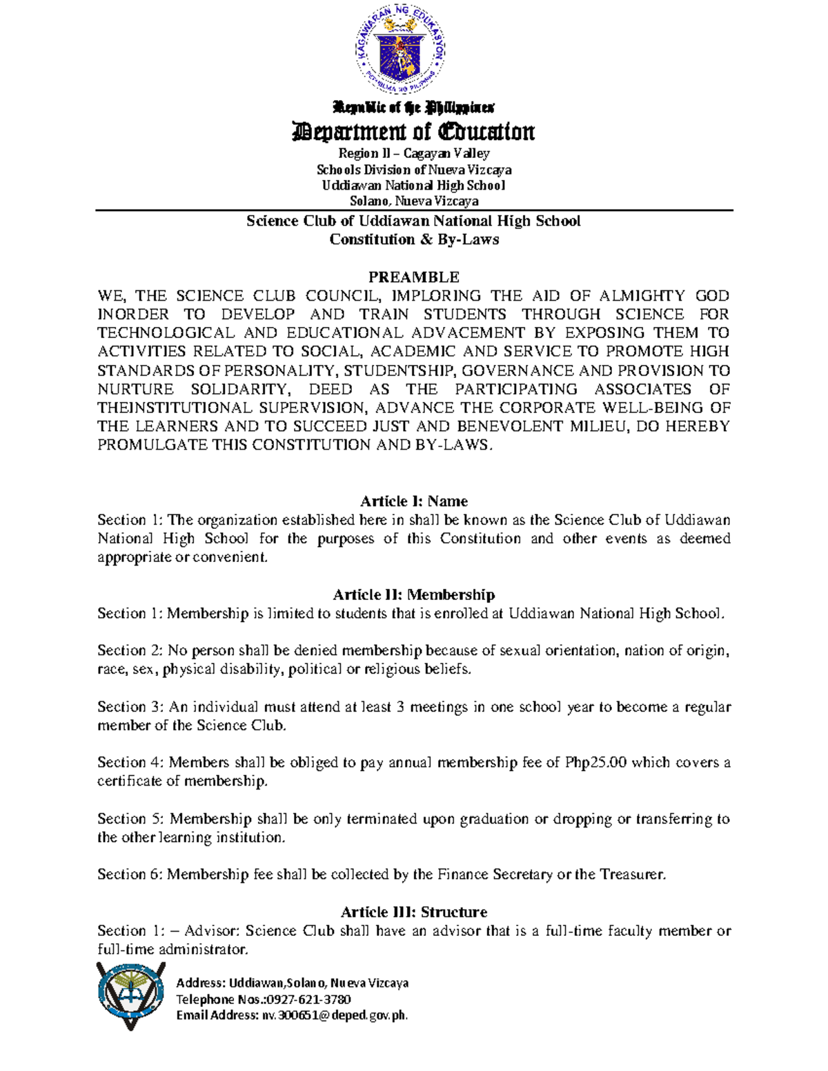 Science Club Constitution & By-Laws - UNHS CBL - Studocu