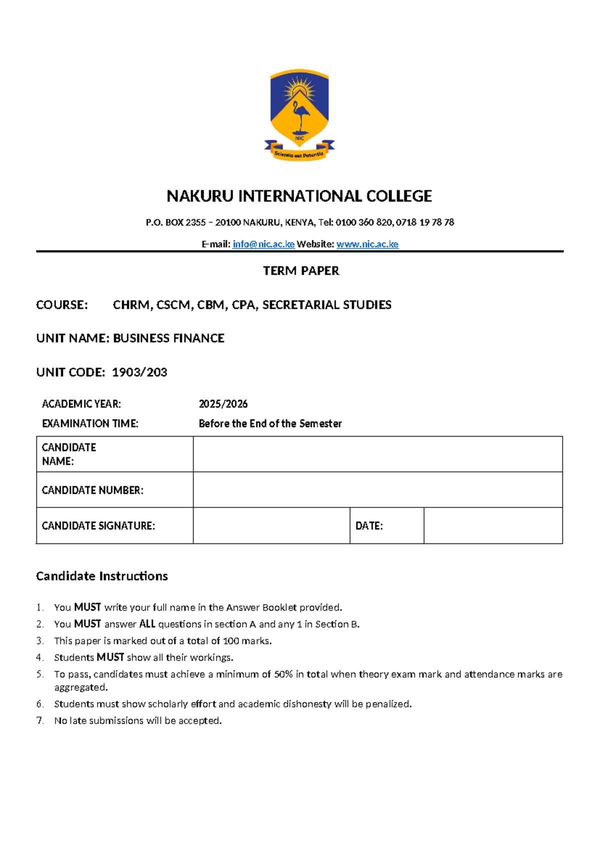 Business Finance Term Paper: CHRM, CSCM, CBM, CPA - Studocu