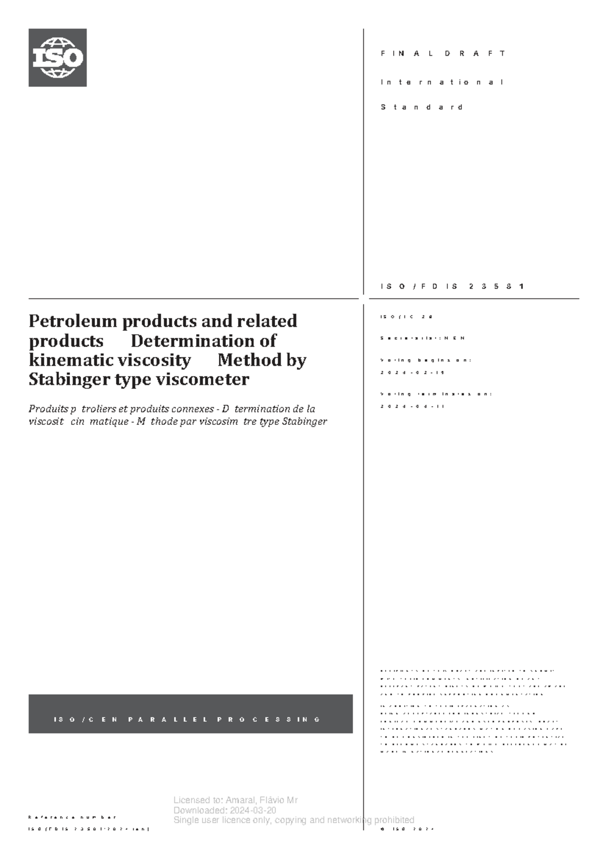 FINAL DRAFT ISO 23581:2024 - Kinematic Viscosity by Stabinger ...