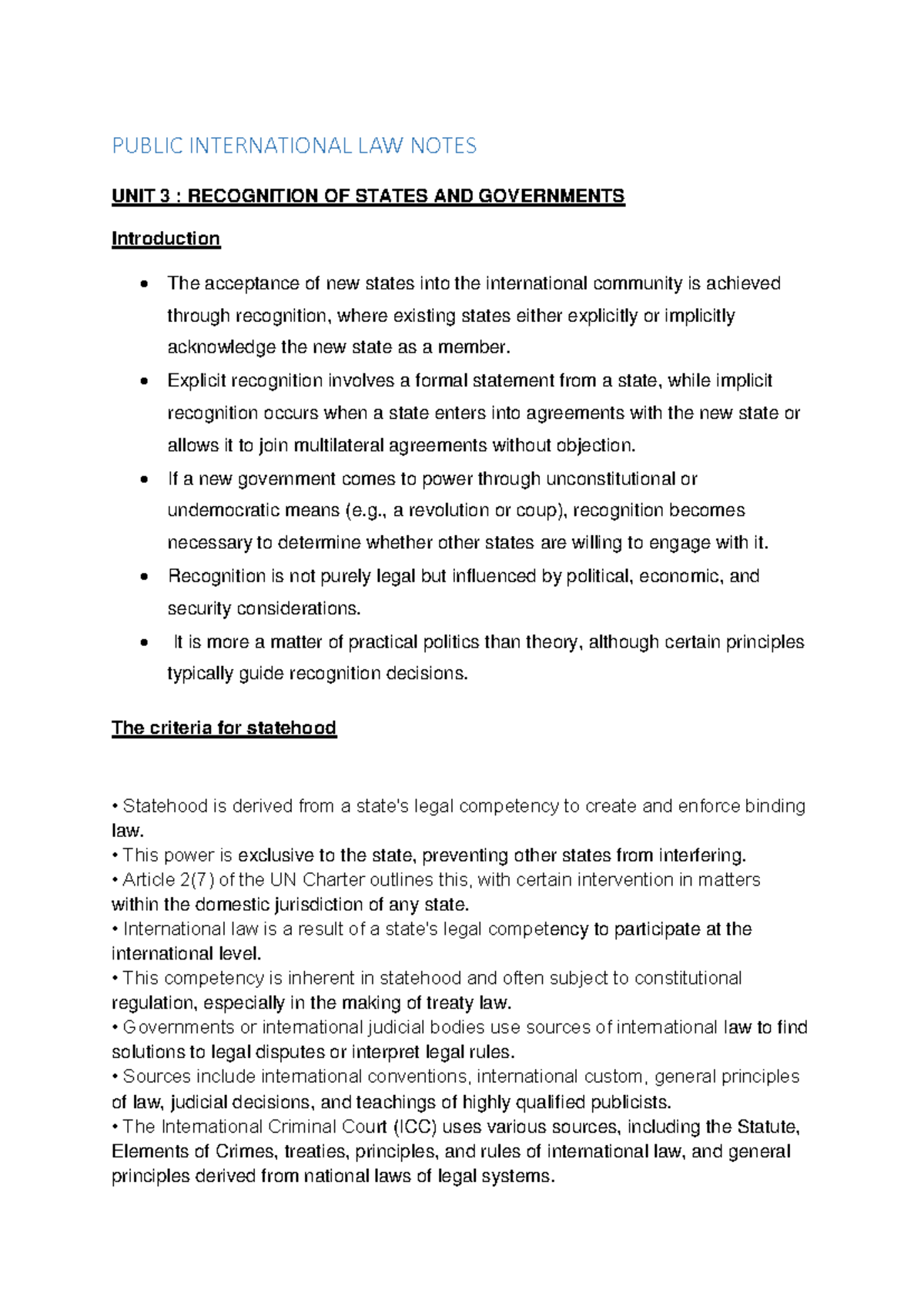 PUBLIC INTERNATIONAL LAW NOTES UNIT 3 & 4: RECOGNITION OF STATES AND ...